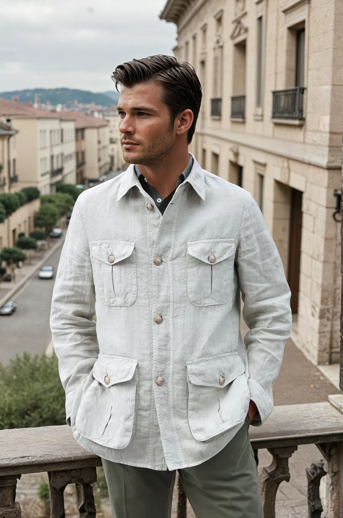 Veste saharienne en lin - Beige-VESTE BLAZER HOMME-Curling-Paris