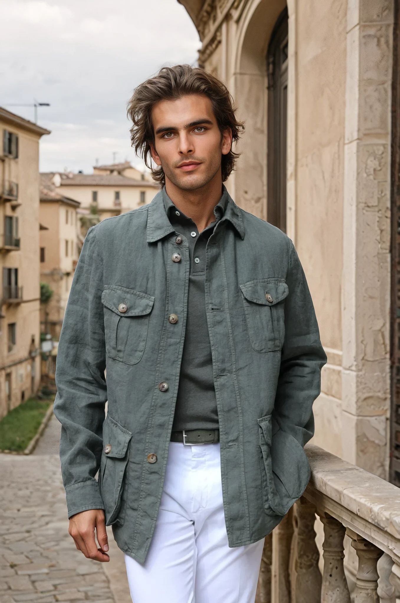 Veste saharienne en lin - Kaki-VESTE BLAZER HOMME-Curling-Paris
