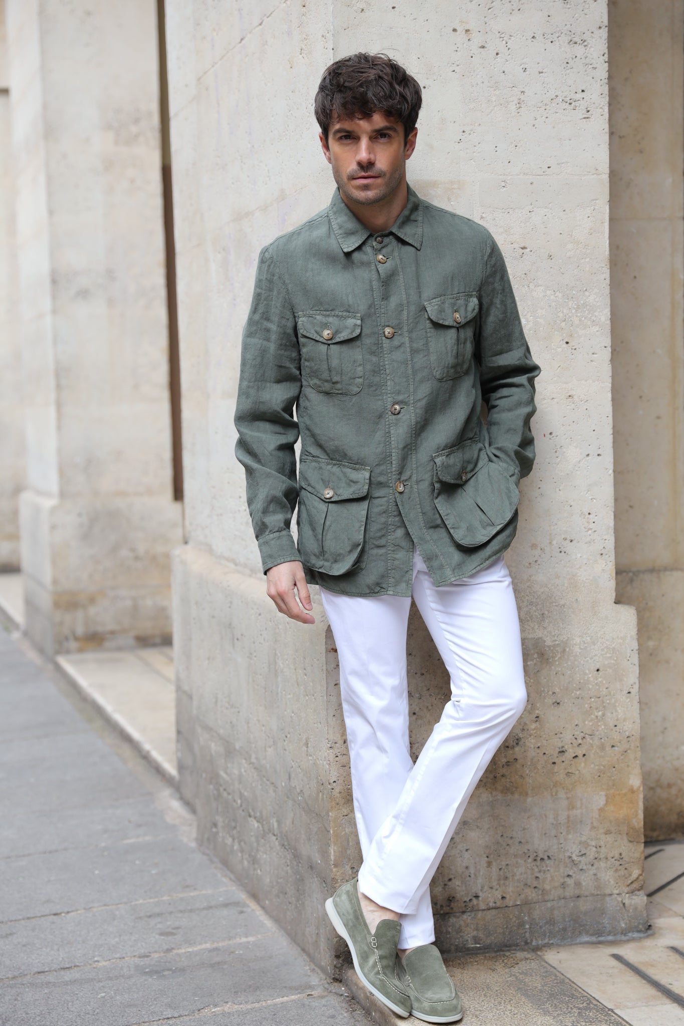 Veste saharienne en lin - Kaki-VESTE BLAZER HOMME-Curling-Paris