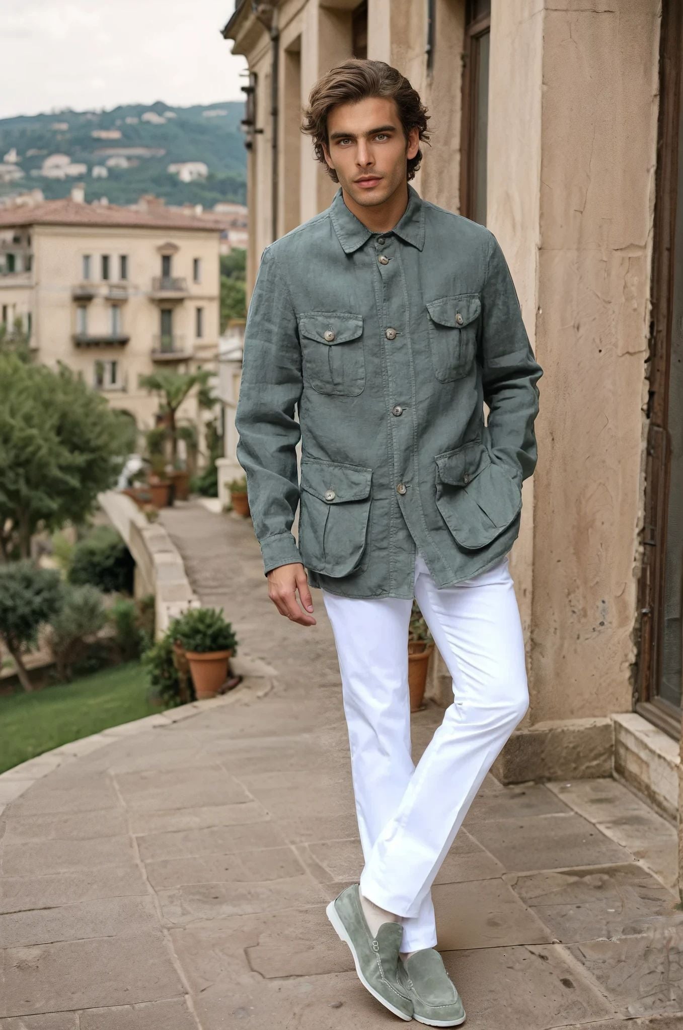Veste saharienne en lin - Kaki-VESTE BLAZER HOMME-Curling-Paris