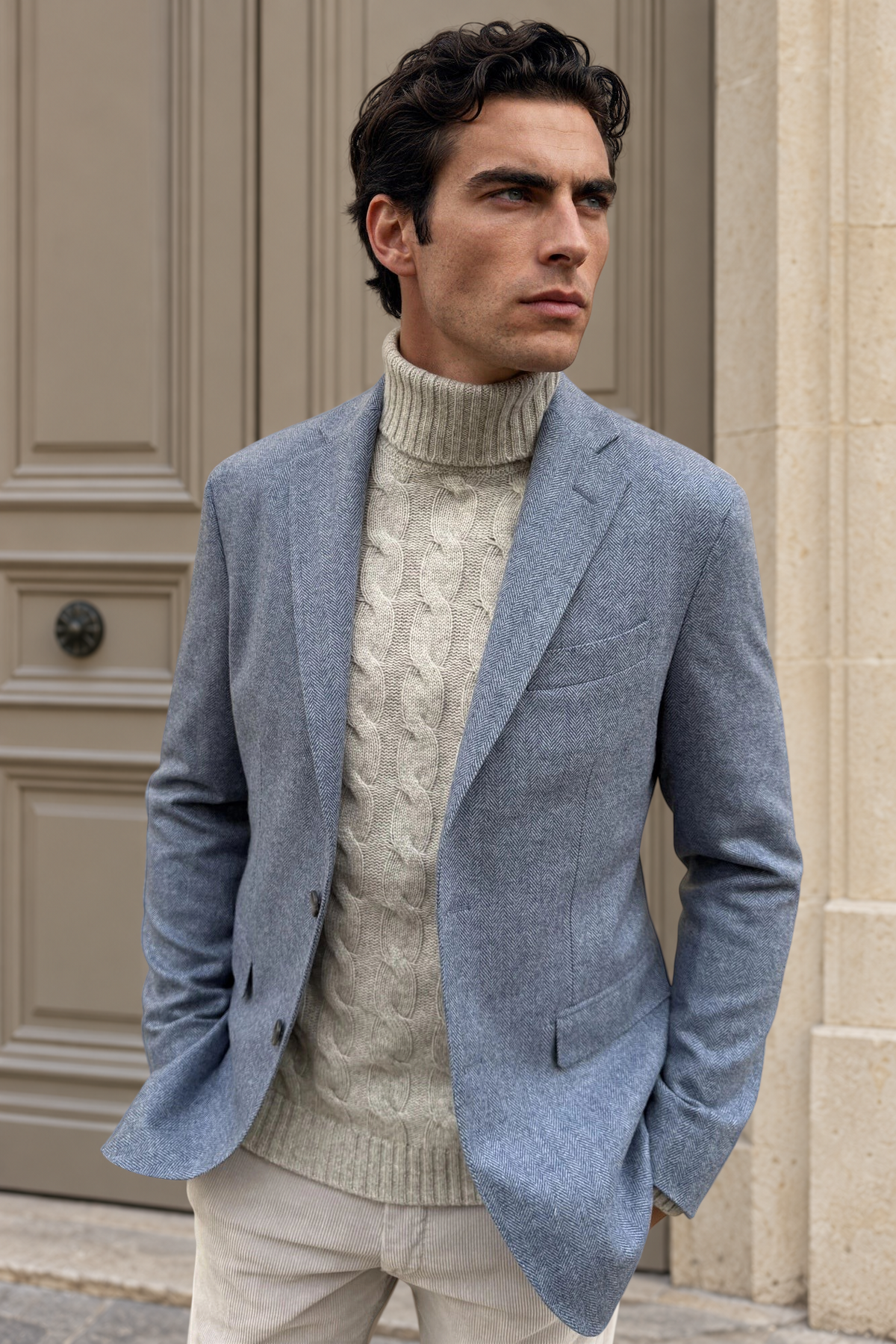 Colbert Giorgio van Angelico-scheerwol met visgraatmotief – Denimblauw