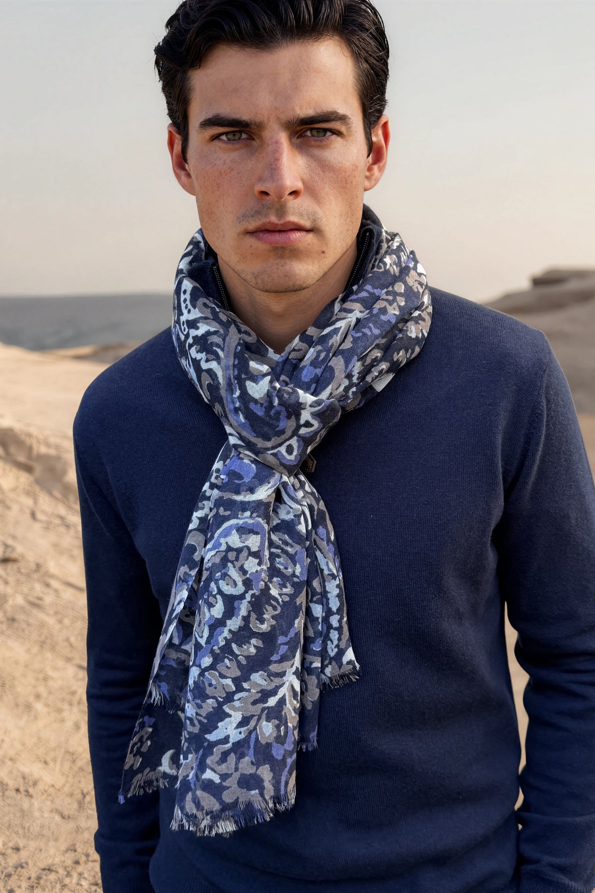 Écharpe Louis en laine à motifs cachemire – Marine et taupe