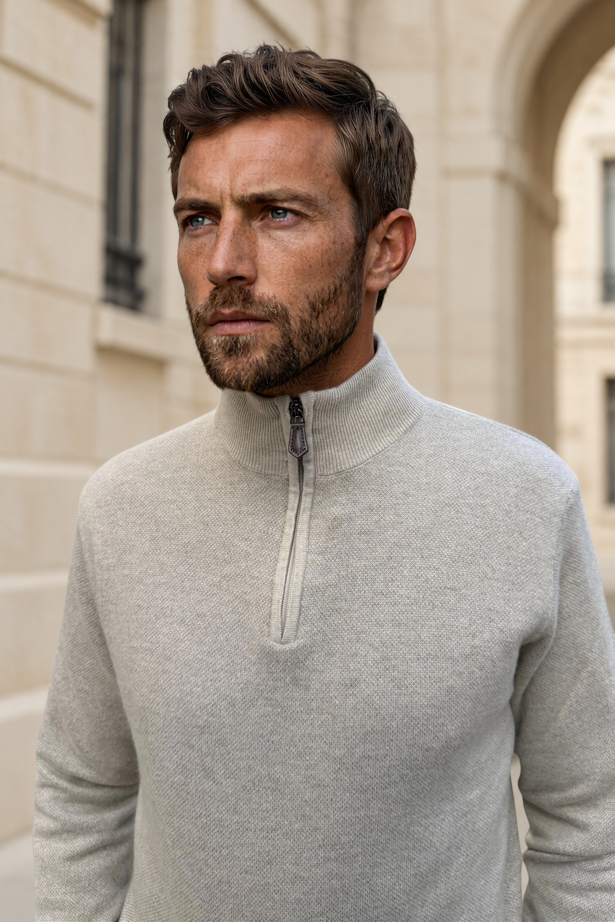 Pullover Alberto con zip in lana e cashmere color caviale – Tortora