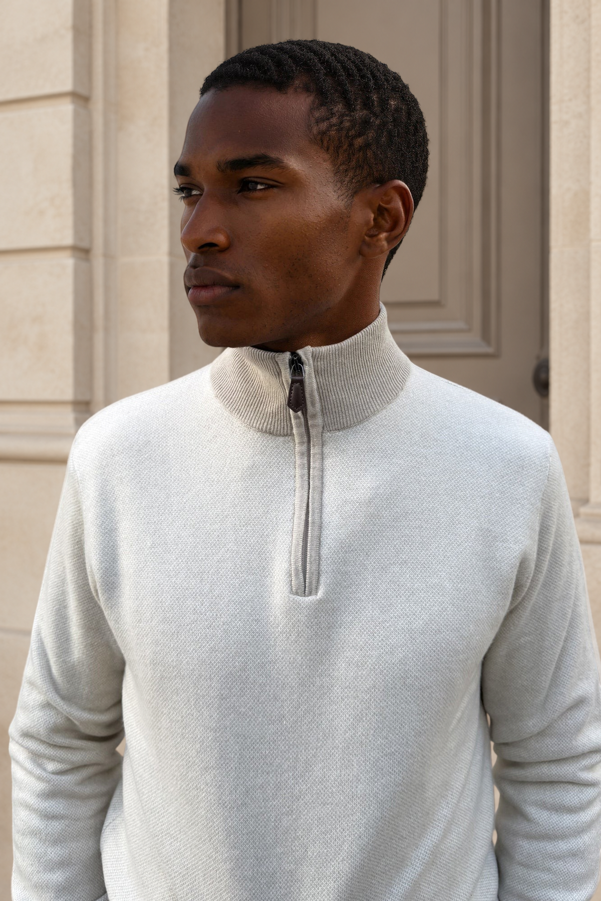 Alberto zip-neck sweater in caviar wool & cashmere – Beige