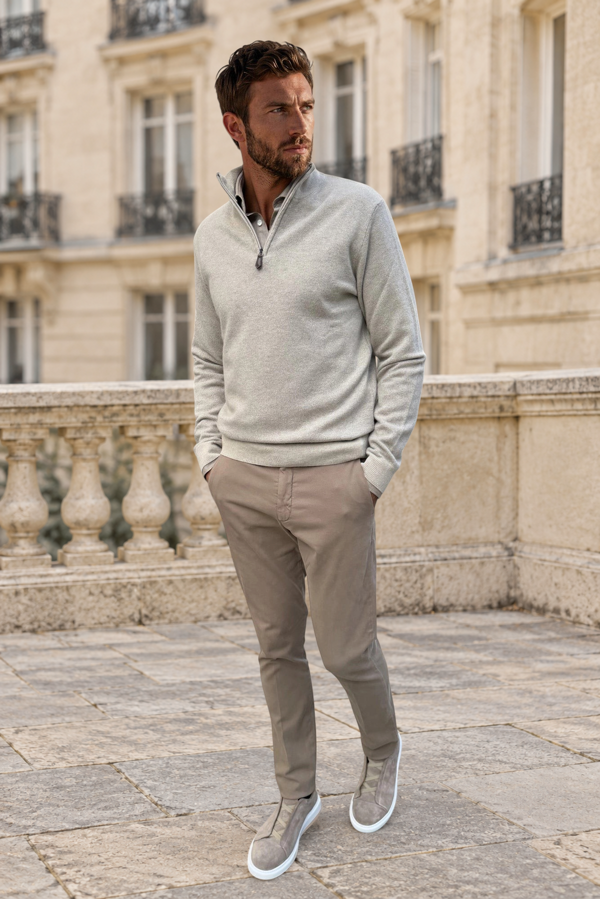 Pullover Alberto con zip in lana e cashmere color caviale – Tortora