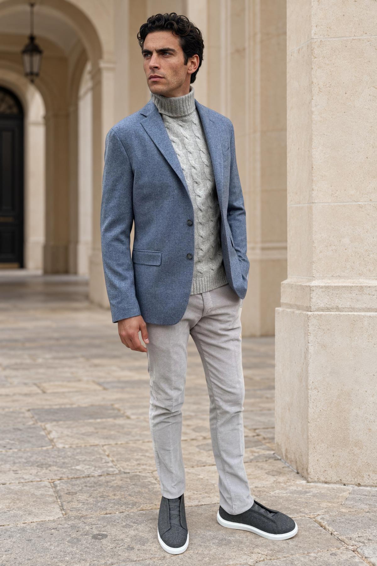 Colbert Giorgio van Angelico-scheerwol met visgraatmotief – Denimblauw