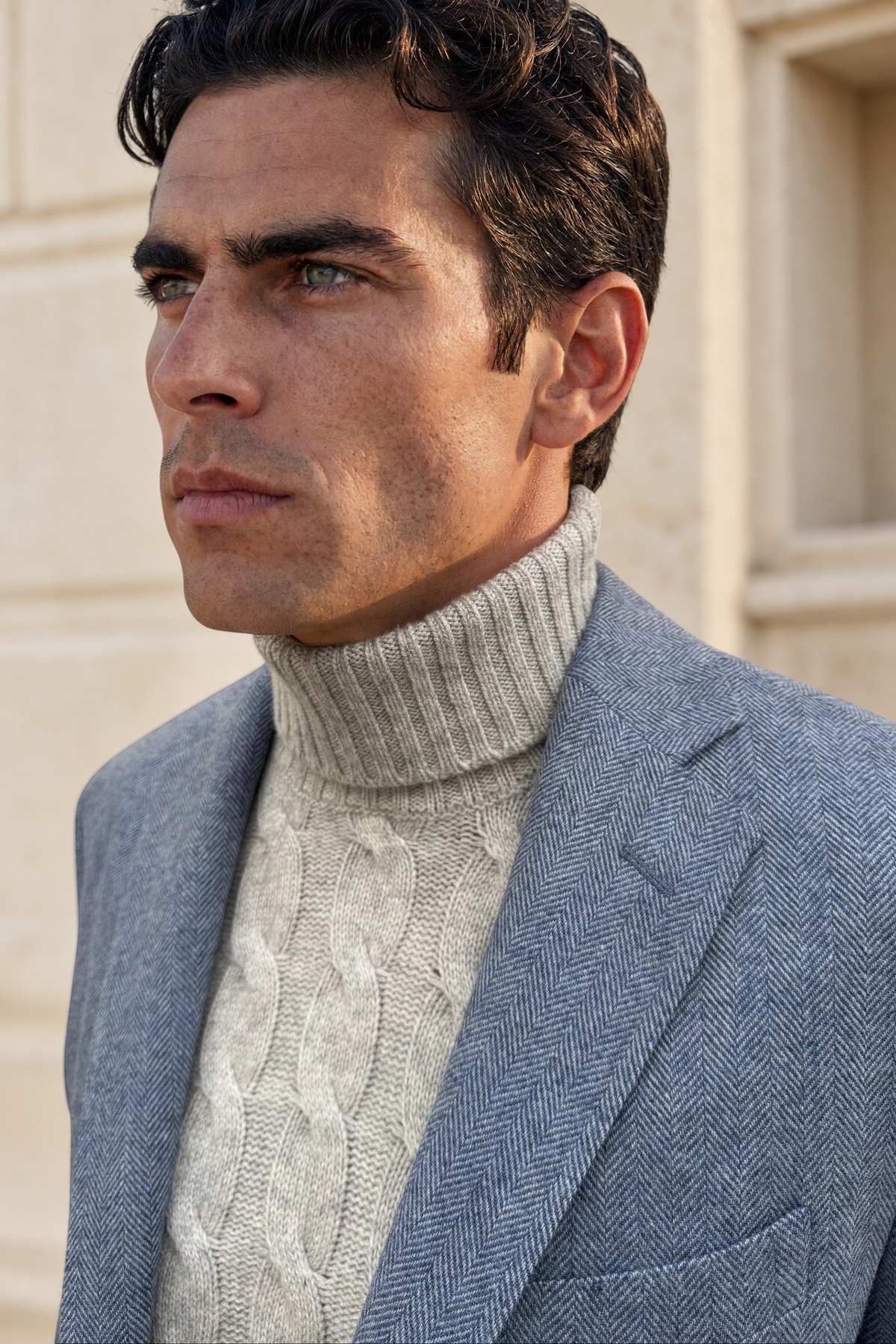 Colbert Giorgio van Angelico-scheerwol met visgraatmotief – Denimblauw