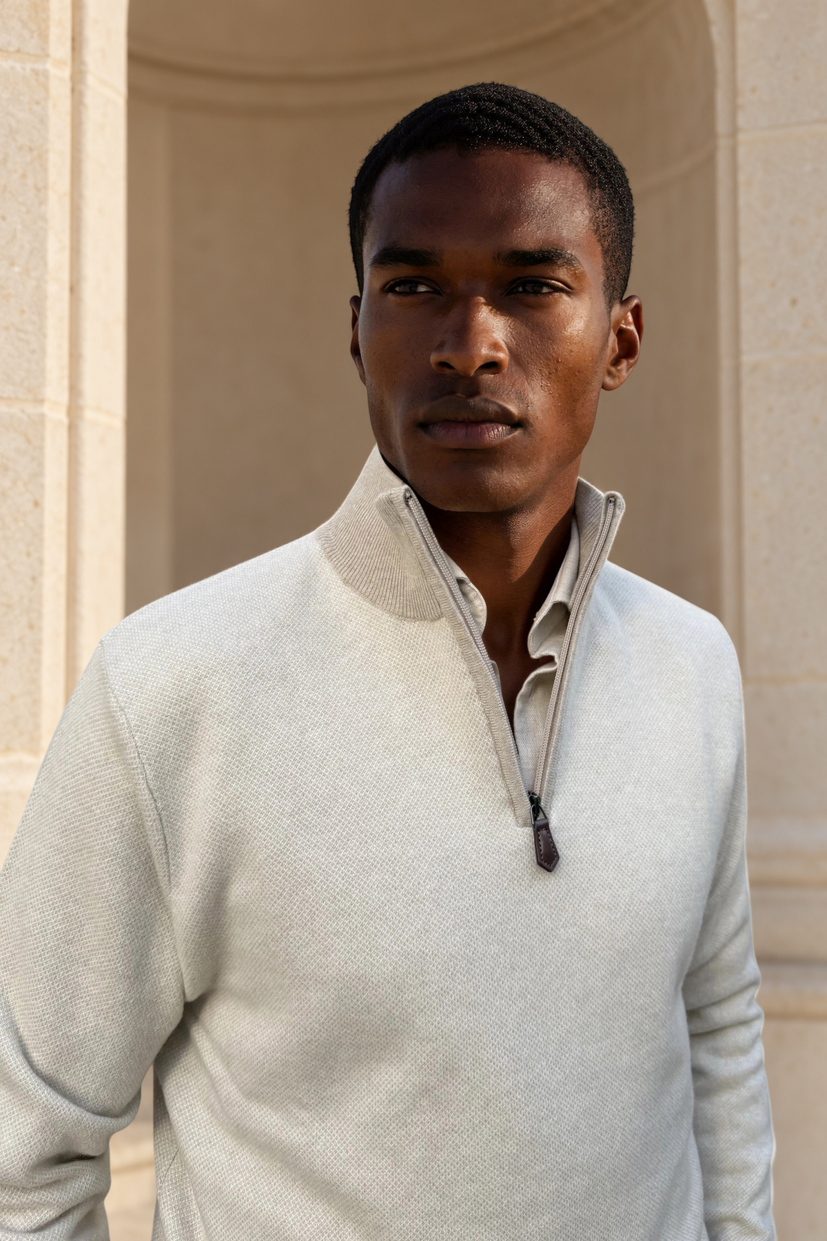 Alberto zip-neck sweater in caviar wool & cashmere – Beige