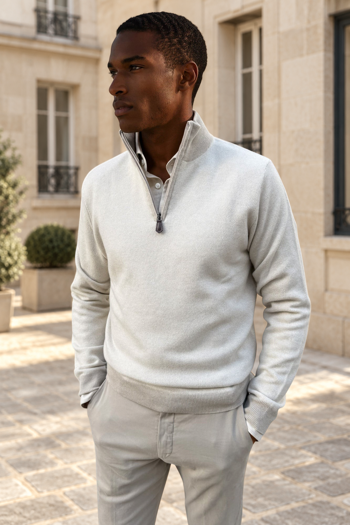 Alberto zip-neck sweater in caviar wool & cashmere – Beige