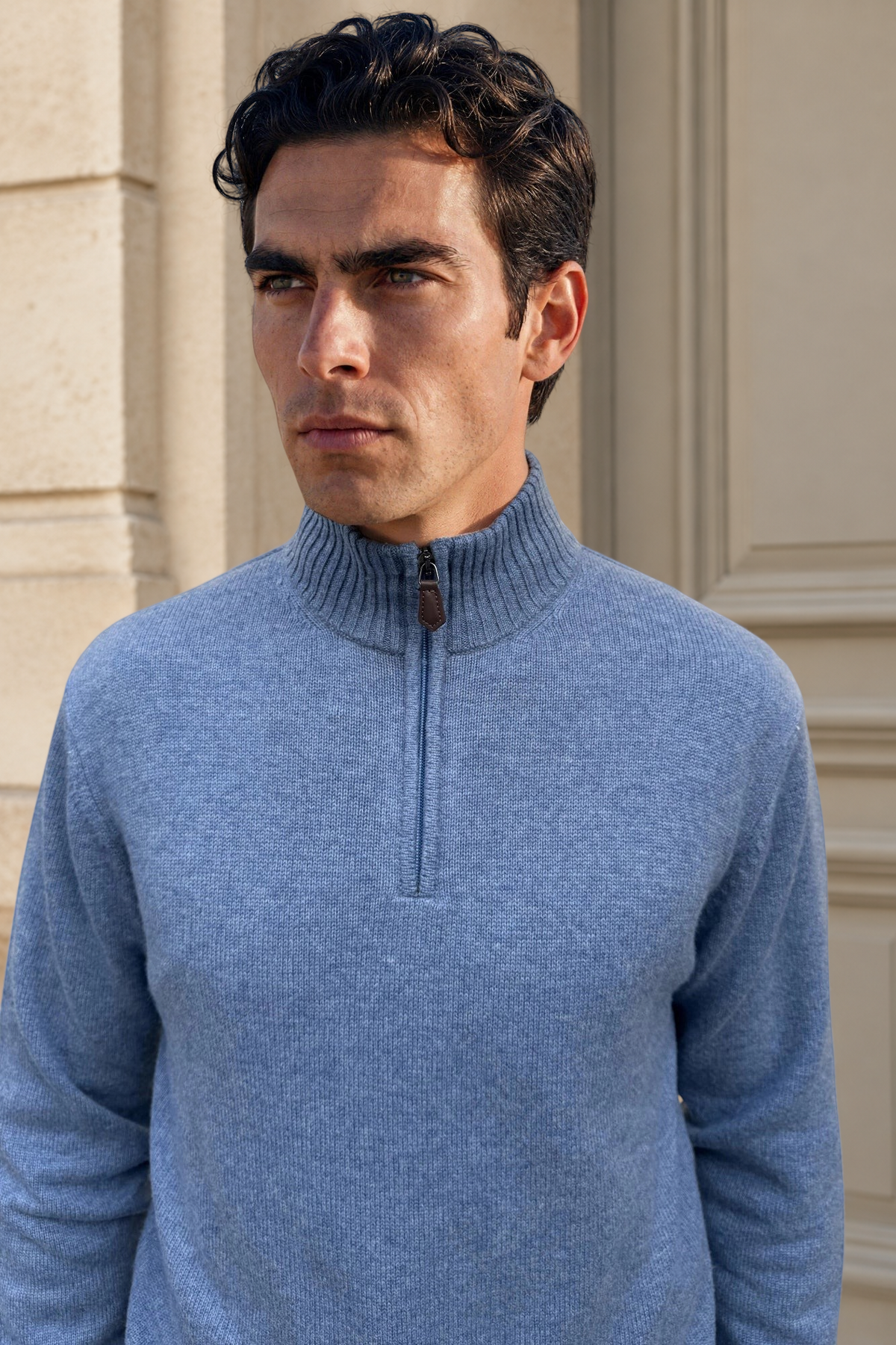 Maxime zip-neck sweater in wool & cashmere – Denim