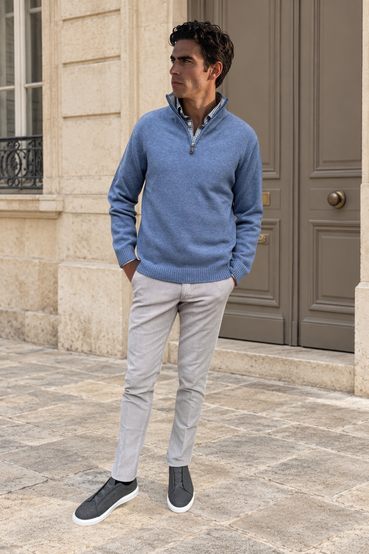 Maxime zip-neck sweater in wool & cashmere – Denim