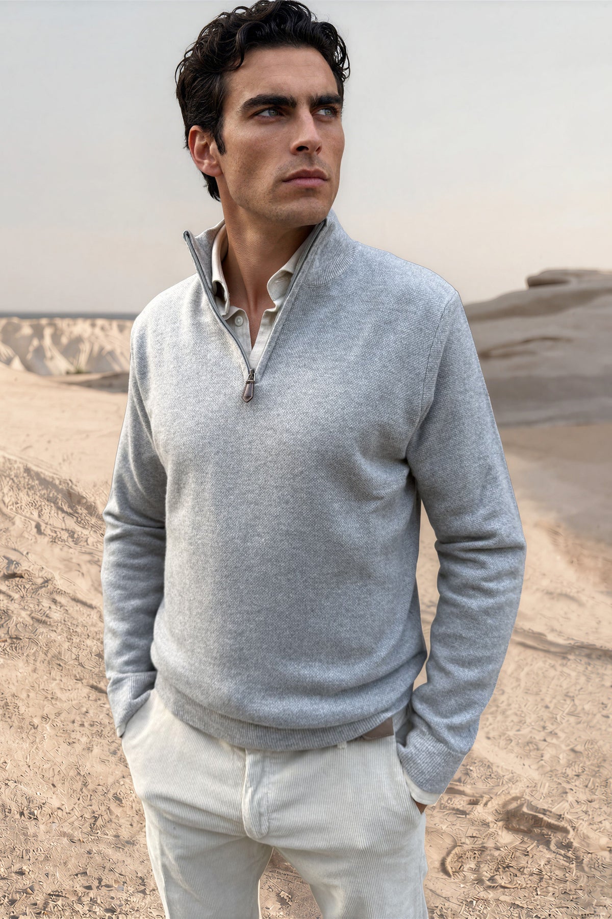 Alberto trui met rits van wol & kasjmier caviar – Grijs