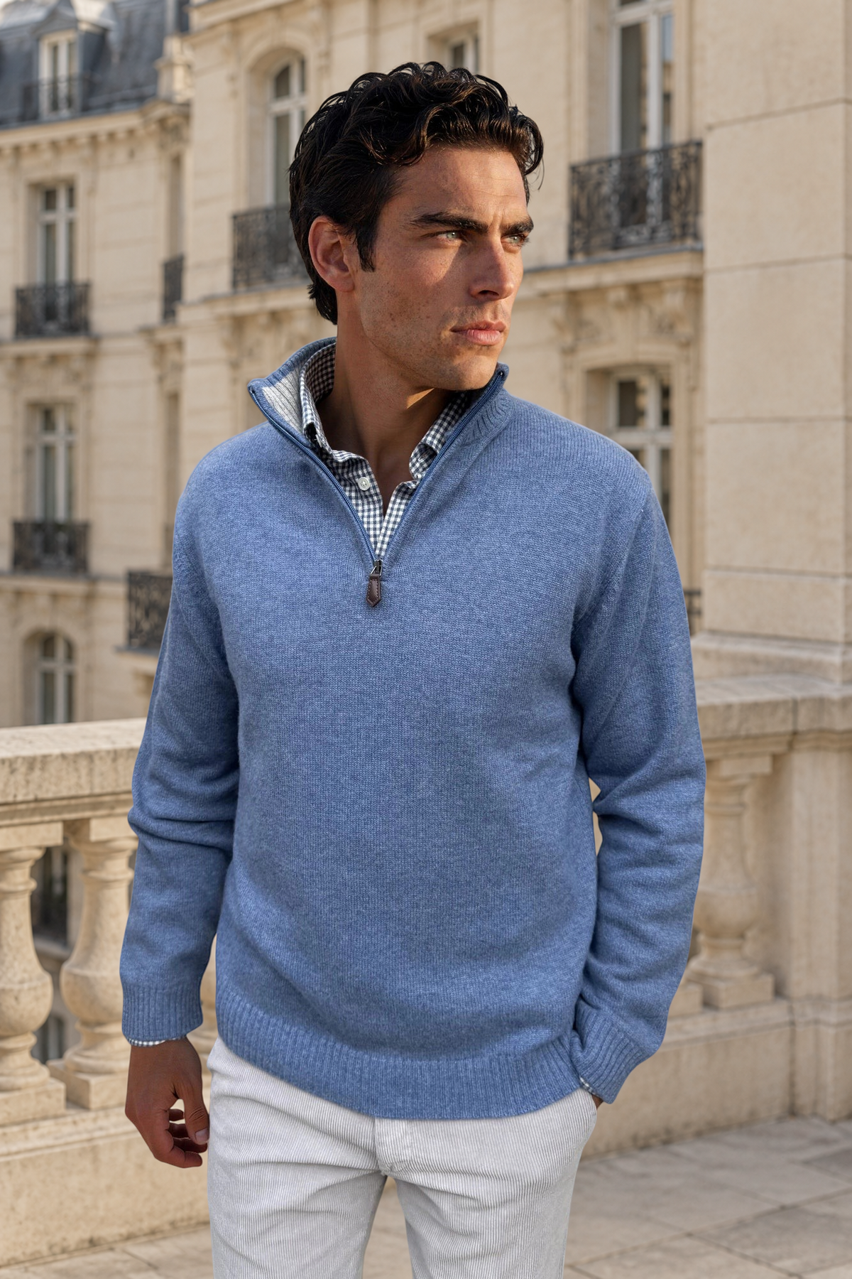 Maxime zip-neck sweater in wool & cashmere – Denim