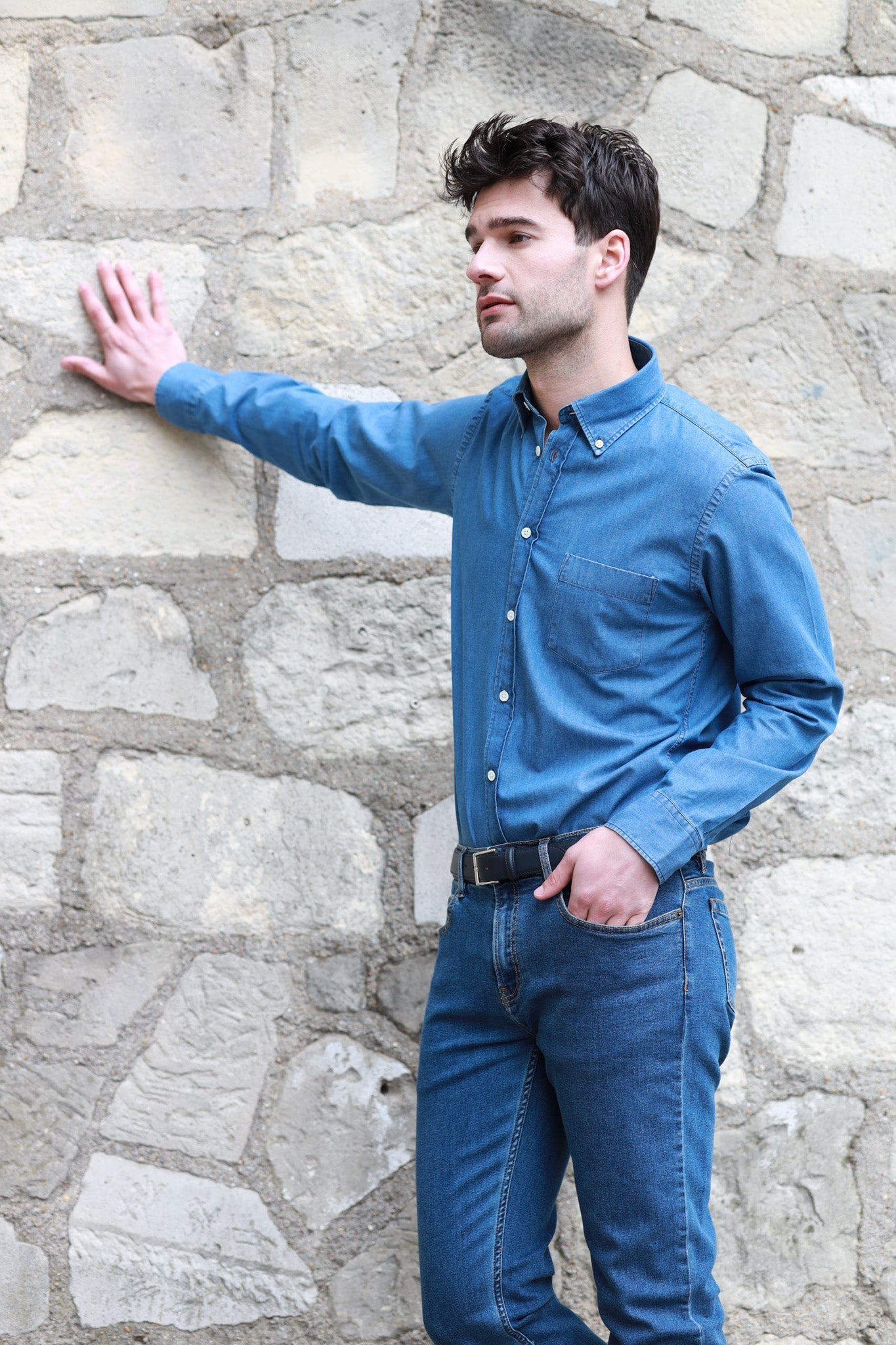 Chemise Clovis col boutonné en jean - bleu-CHEMISE HOMME-Curling-Paris