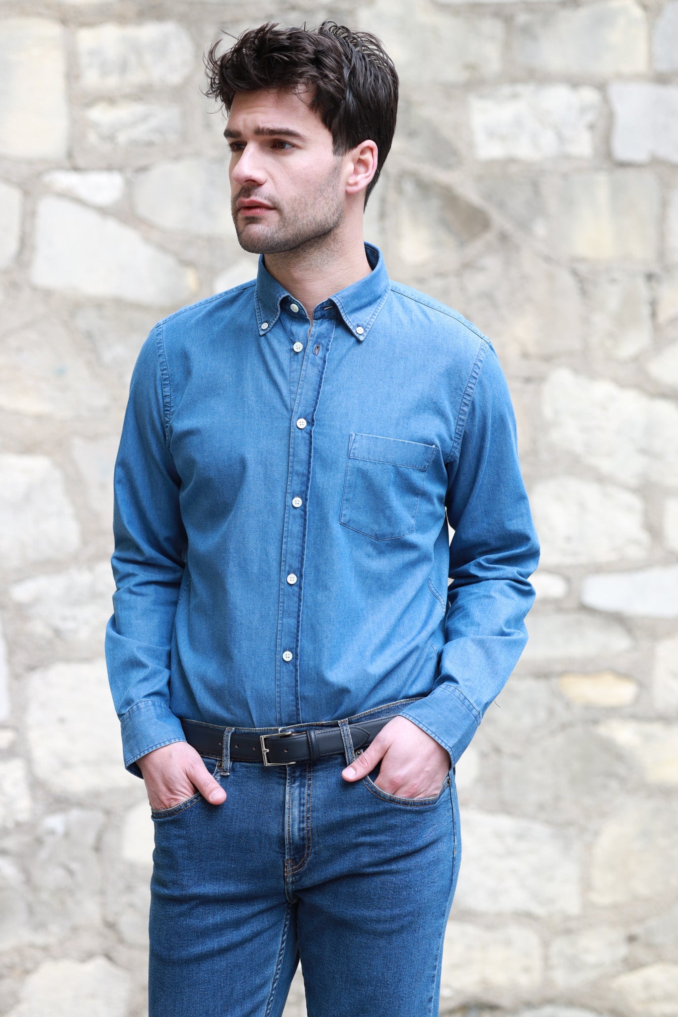 Chemise Clovis col boutonné en jean - bleu-CHEMISE HOMME-Curling-Paris