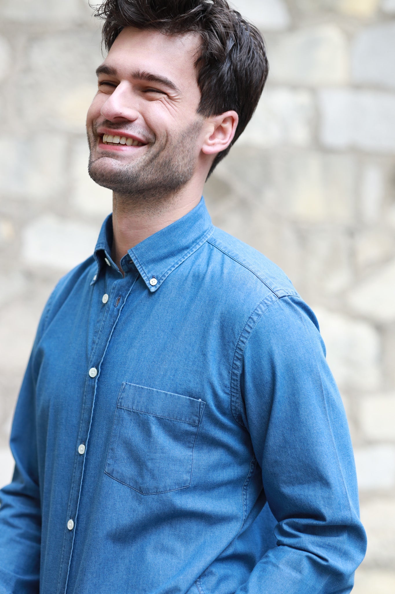 Chemise Clovis col boutonné en jean - bleu-CHEMISE HOMME-Curling-Paris