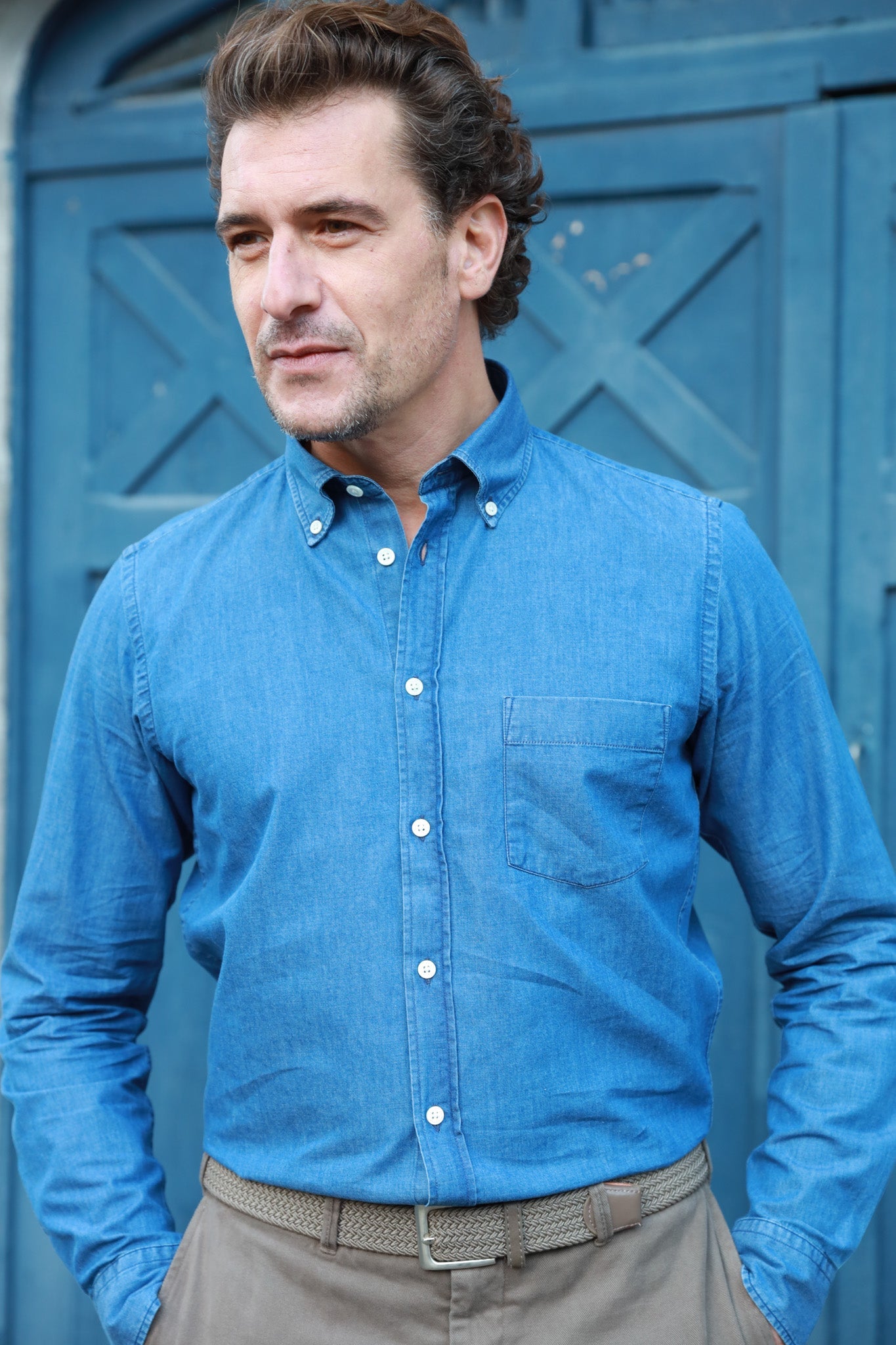 Chemise Clovis col boutonné en jeans - Bleu Moyen-CHEMISE HOMME-Curling-Paris