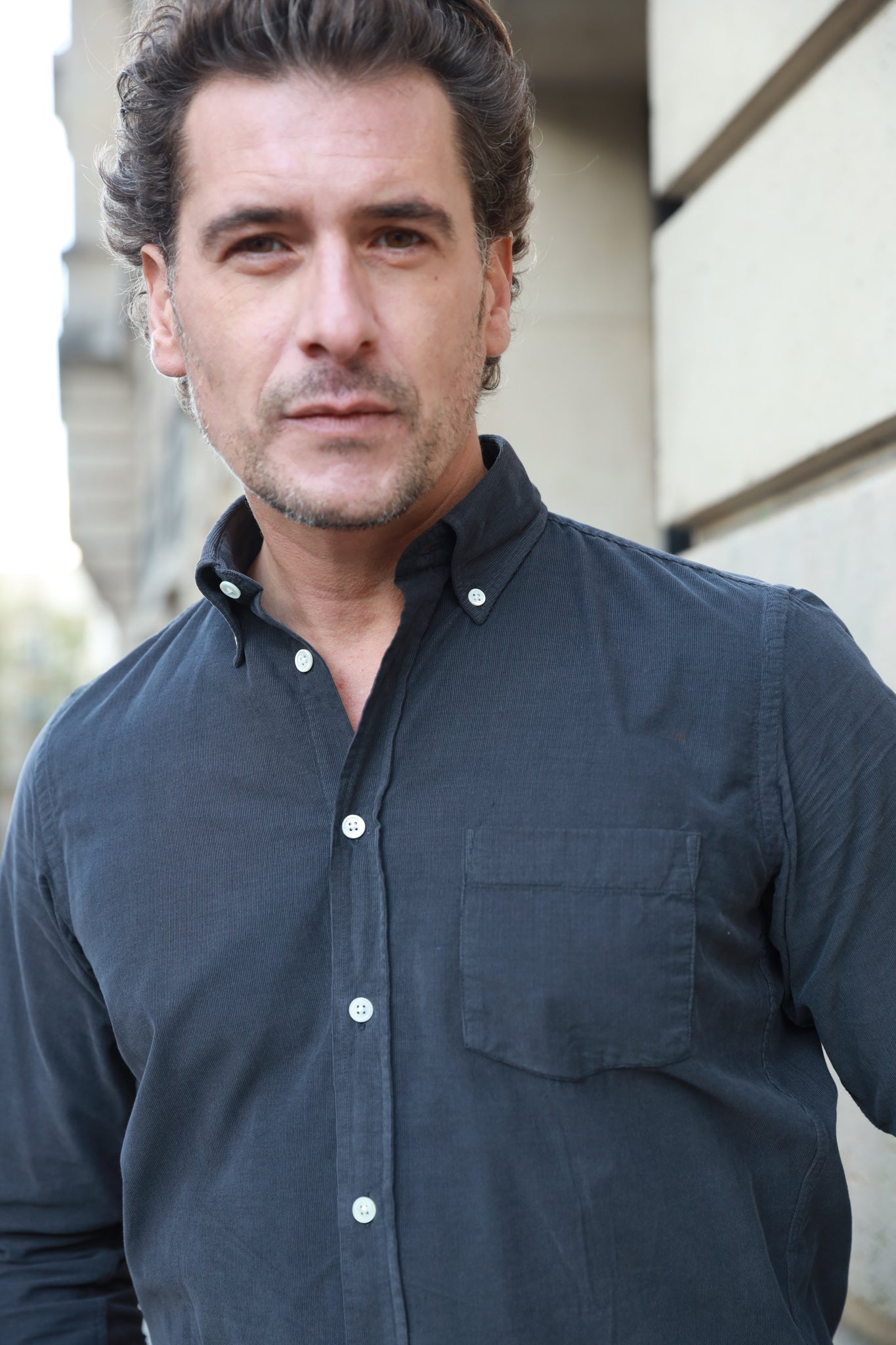 Chemise Clovis col boutonné en velours - Anthracite-CHEMISE HOMME-Curling-Paris