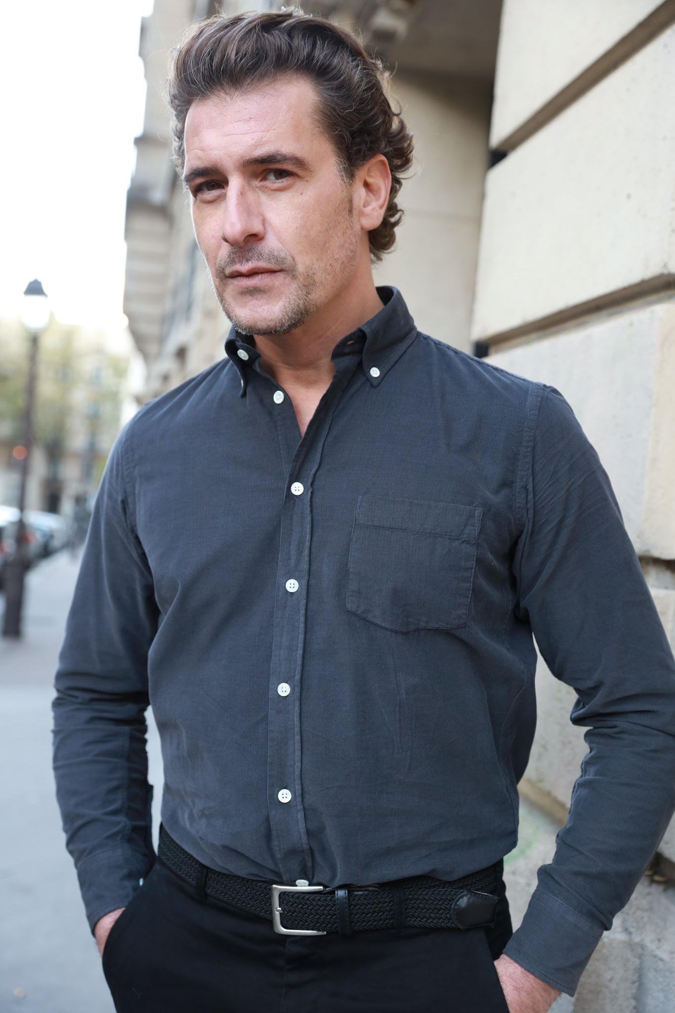 Chemise Clovis col boutonné en velours - Anthracite-CHEMISE HOMME-Curling-Paris