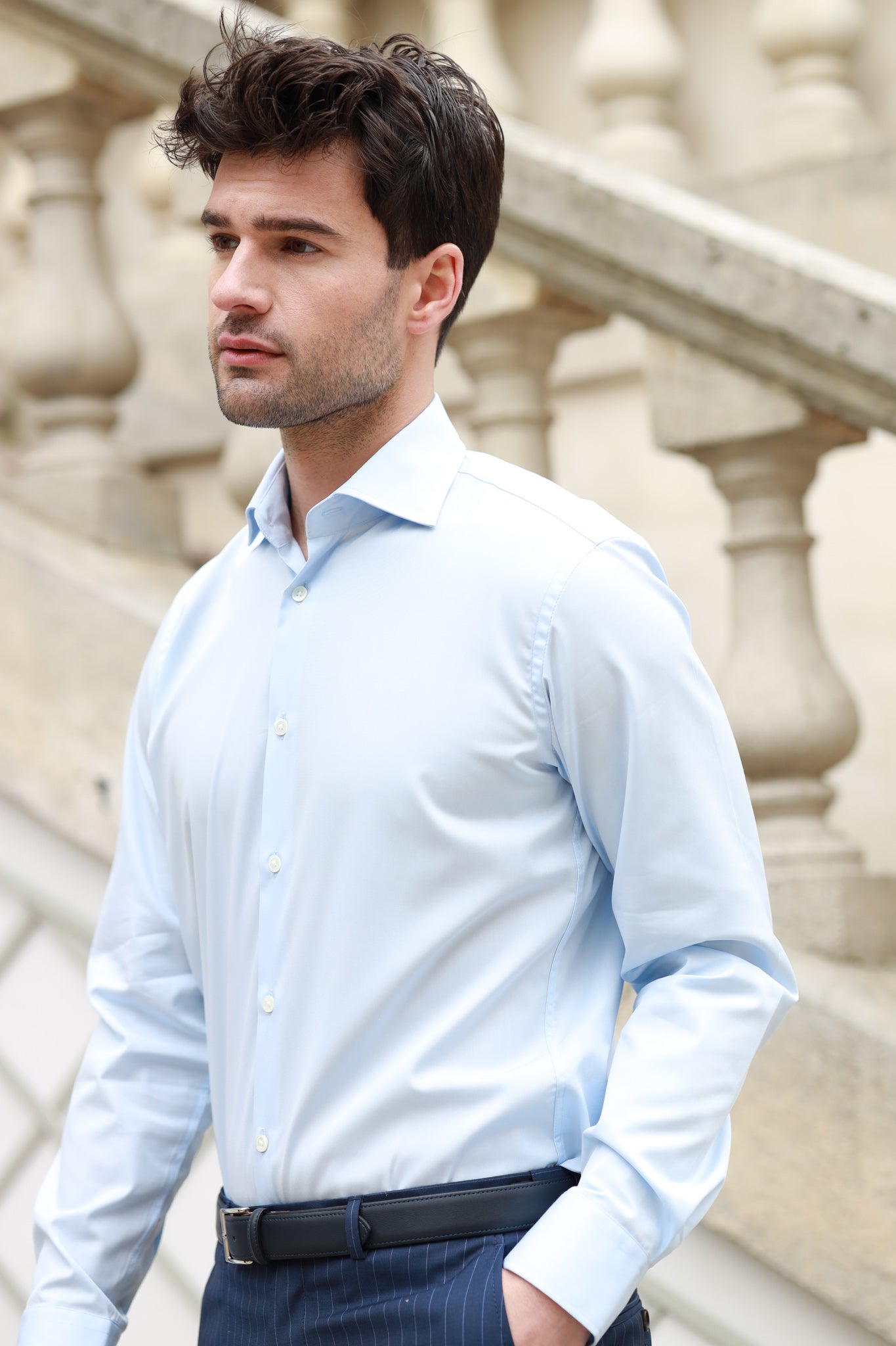 Chemise Gio col italien en coton technique - Ciel-CHEMISE HOMME-Curling-Paris