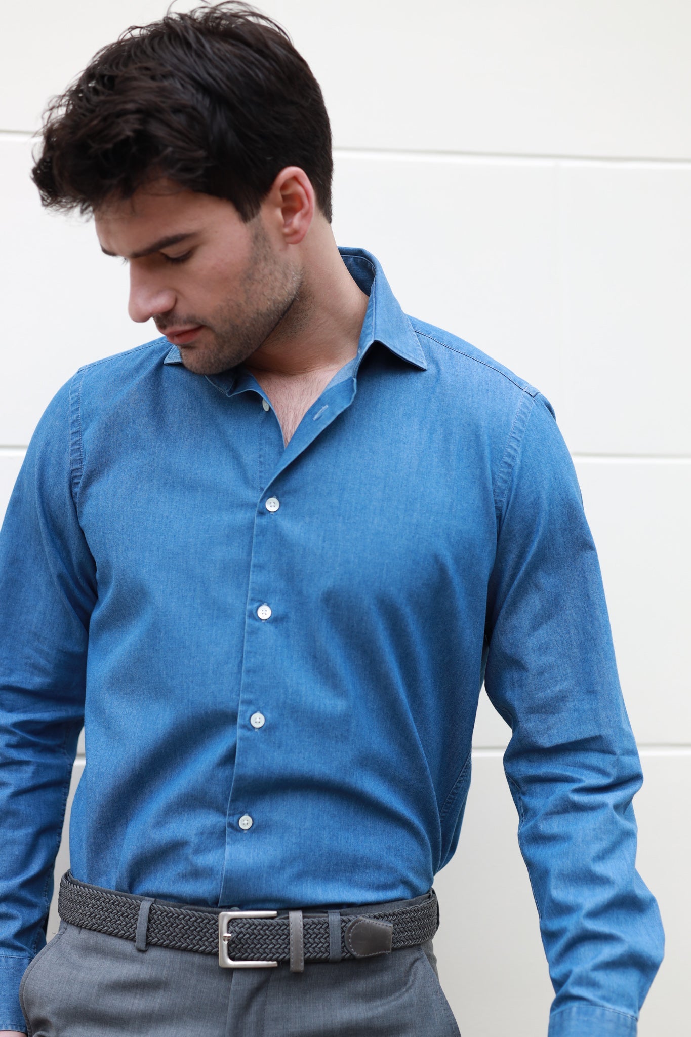 Chemise Gio col italien en jean - Bleu-CHEMISE HOMME-Curling-Paris