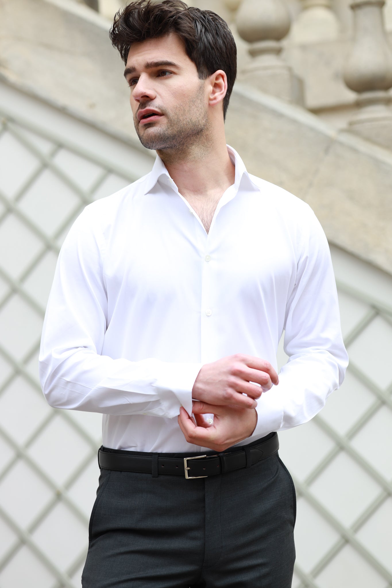 Chemise Gio col italien en popeline - Blanc-CHEMISE HOMME-Curling-Paris