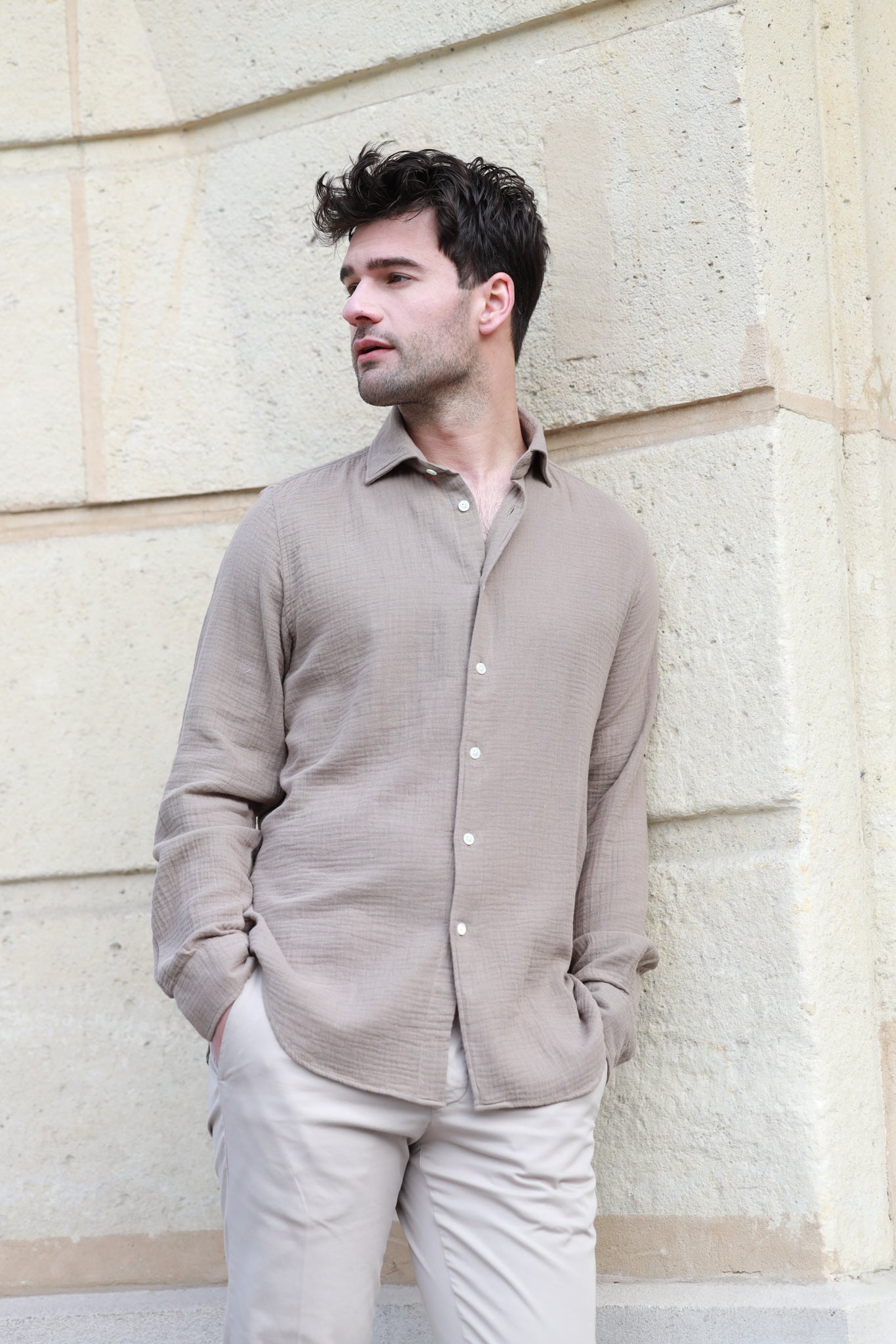 Chemise Hugo en gaze de coton - Beige-CHEMISE HOMME-Curling-Paris