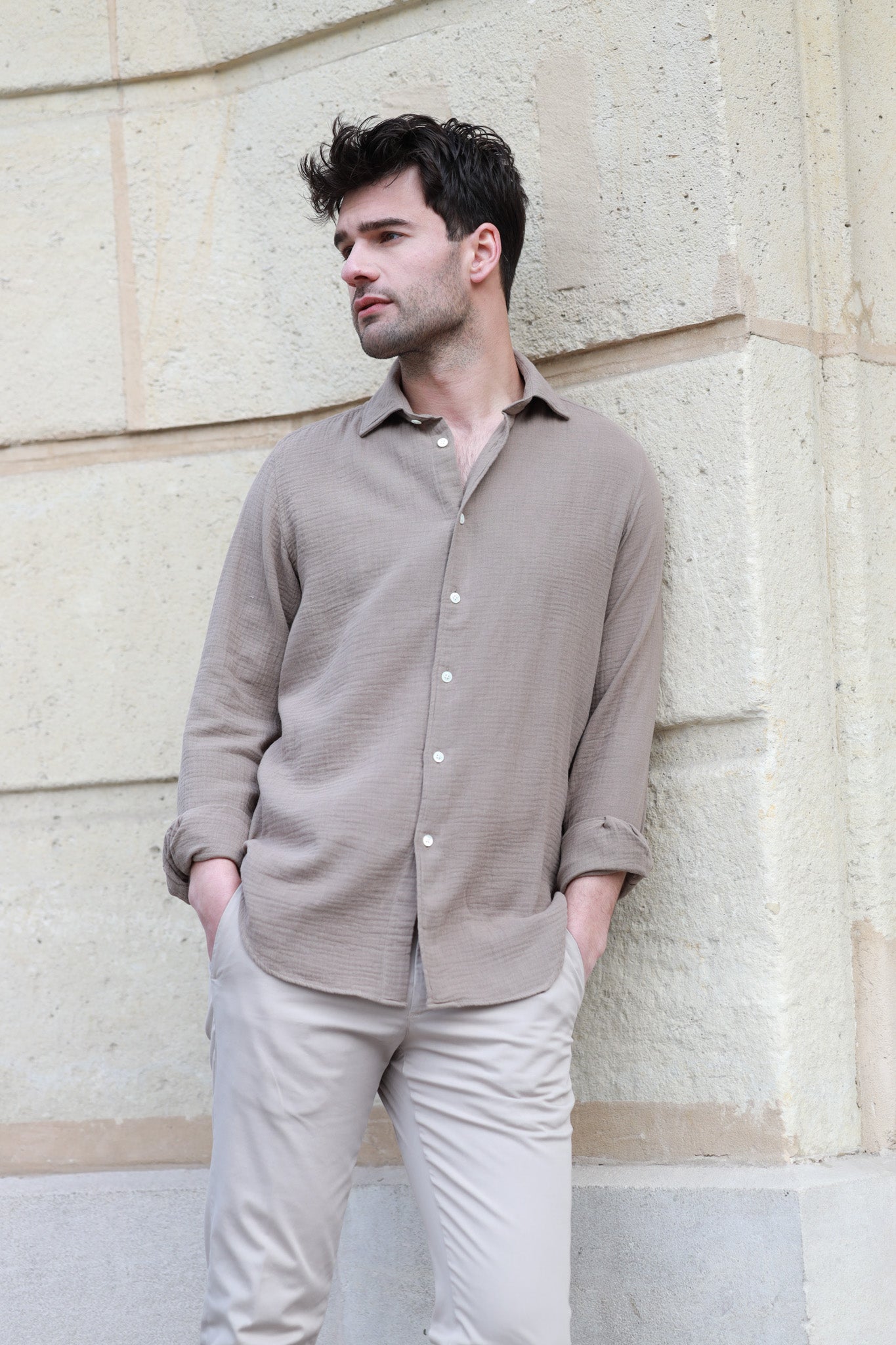 Chemise Hugo en gaze de coton - Beige-CHEMISE HOMME-Curling-Paris