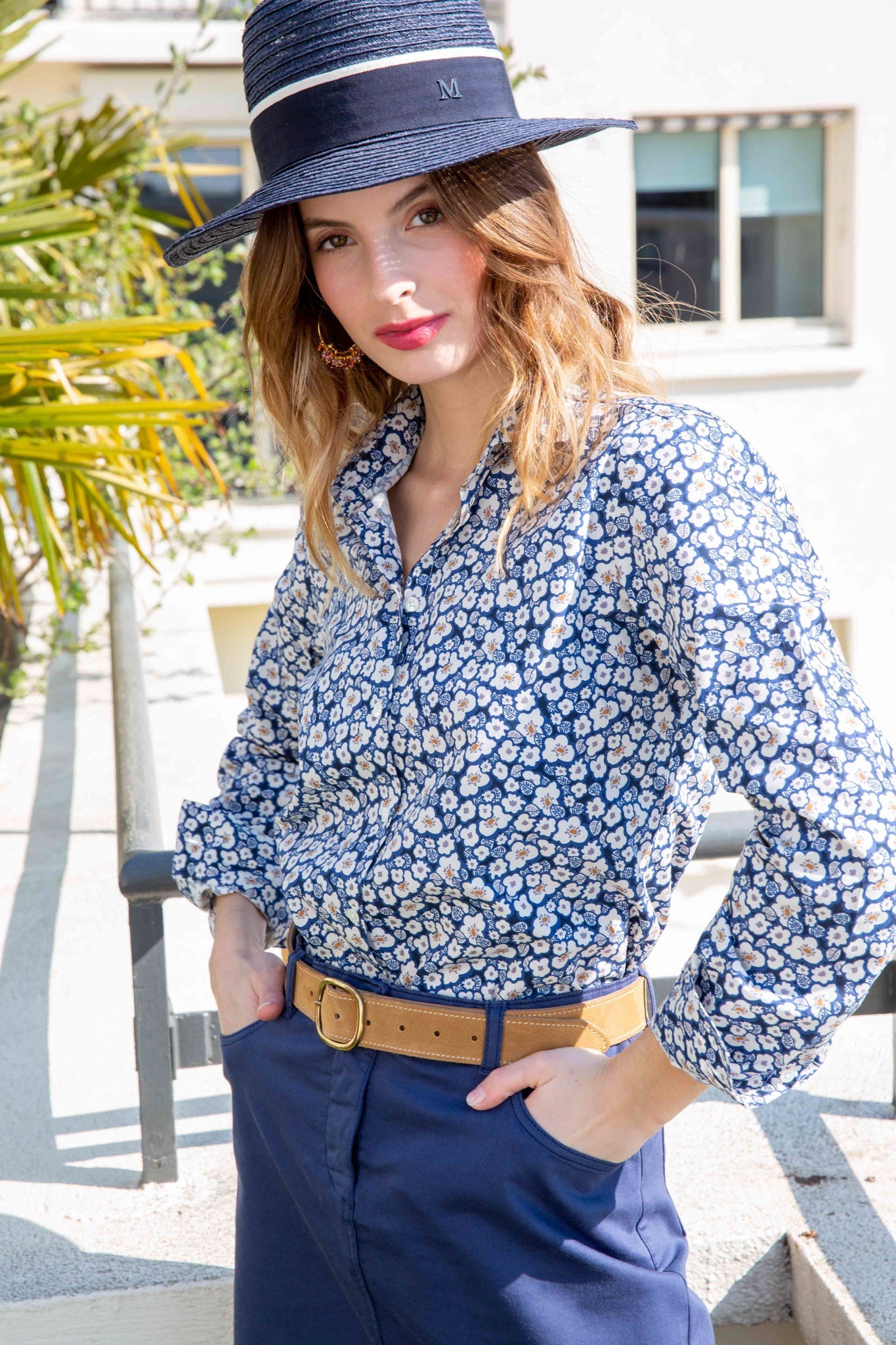 Chemisier Clémence en coton imprimé - fleurs marine-CHEMISIER FEMME-Curling-Paris