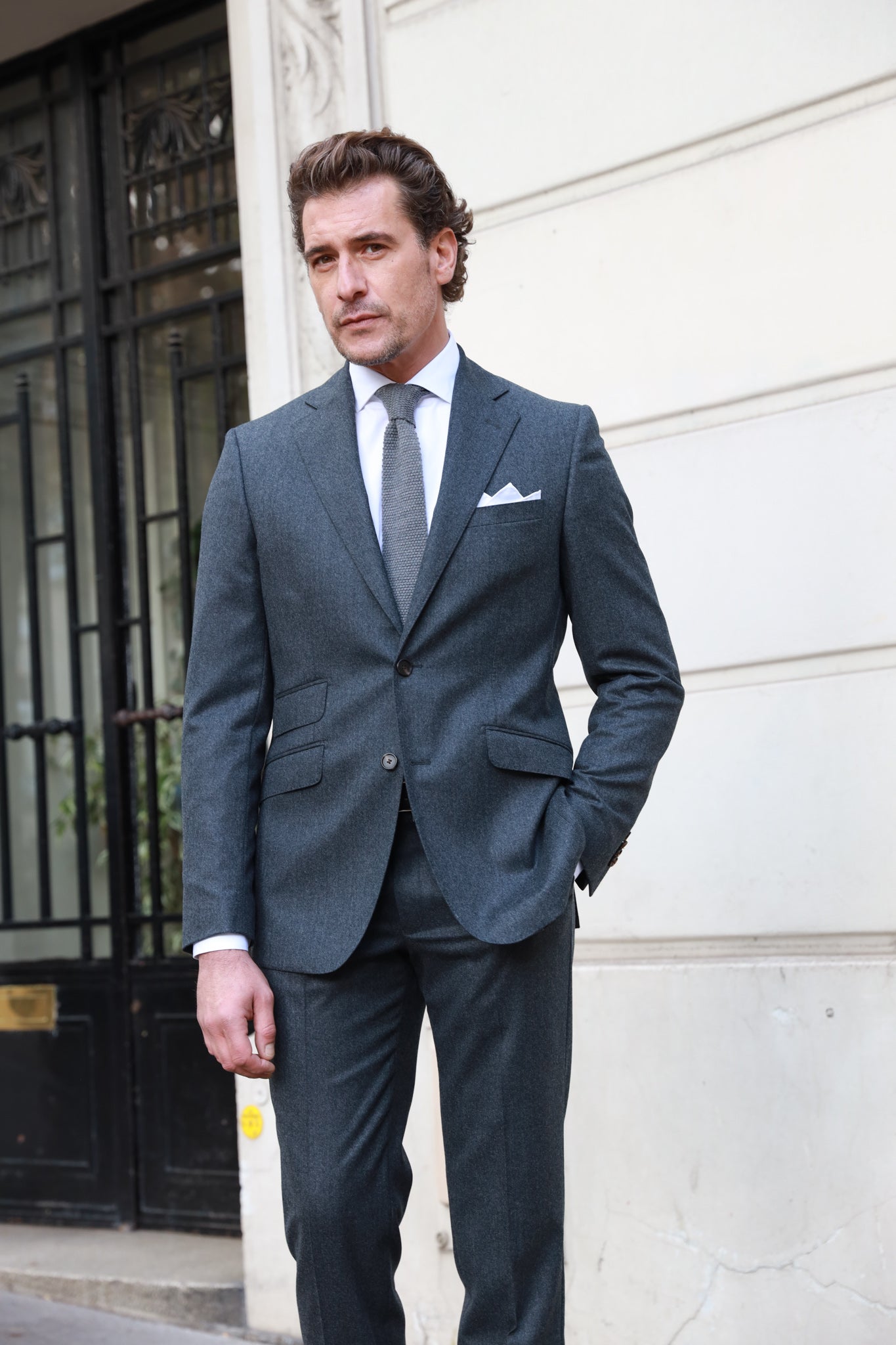 Costume Goal en flanelle pure laine Super 120'S - Gris moyen-COSTUME HOMME-Curling-Paris