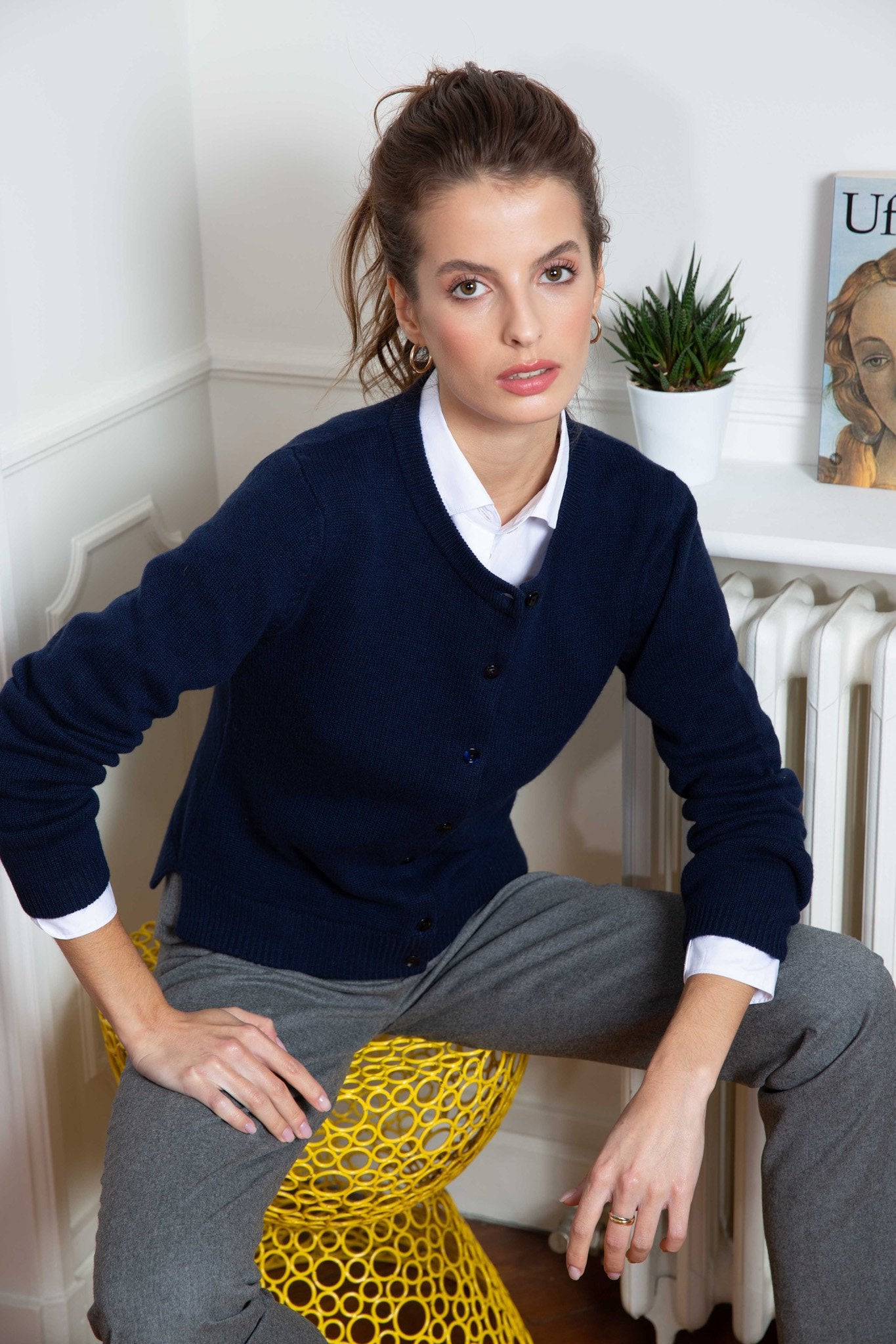 Gilet Charlie à boutons Col Rond en laine et cachemire - Marine-PULL FEMME-Curling-Paris