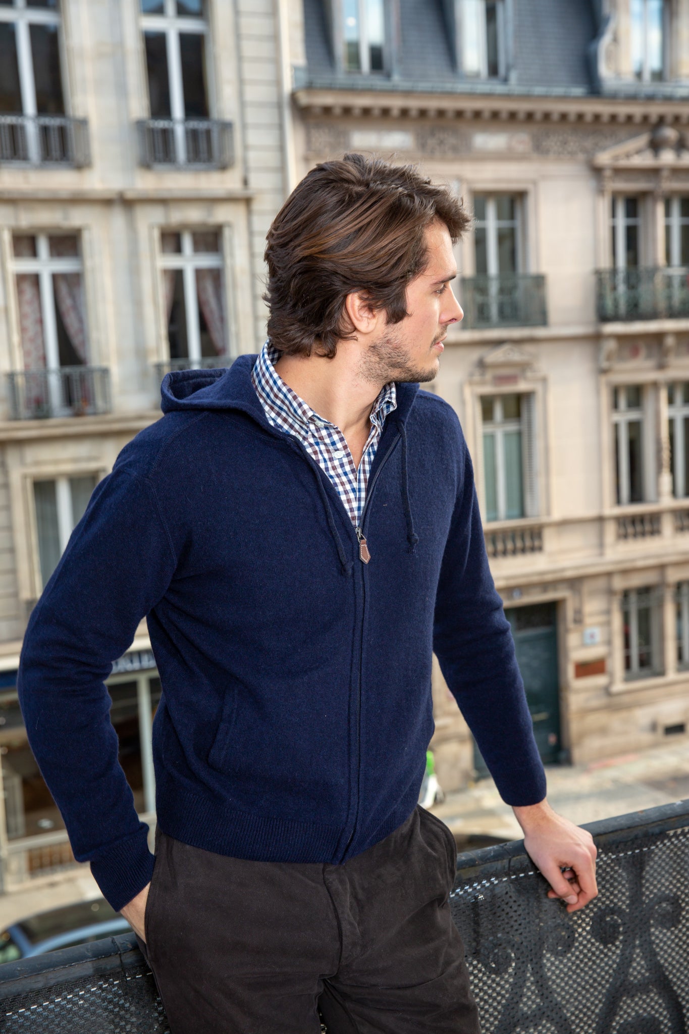 Gilet zippé à capuche en cachemire - Marine-PULL HOMME-Curling-Paris