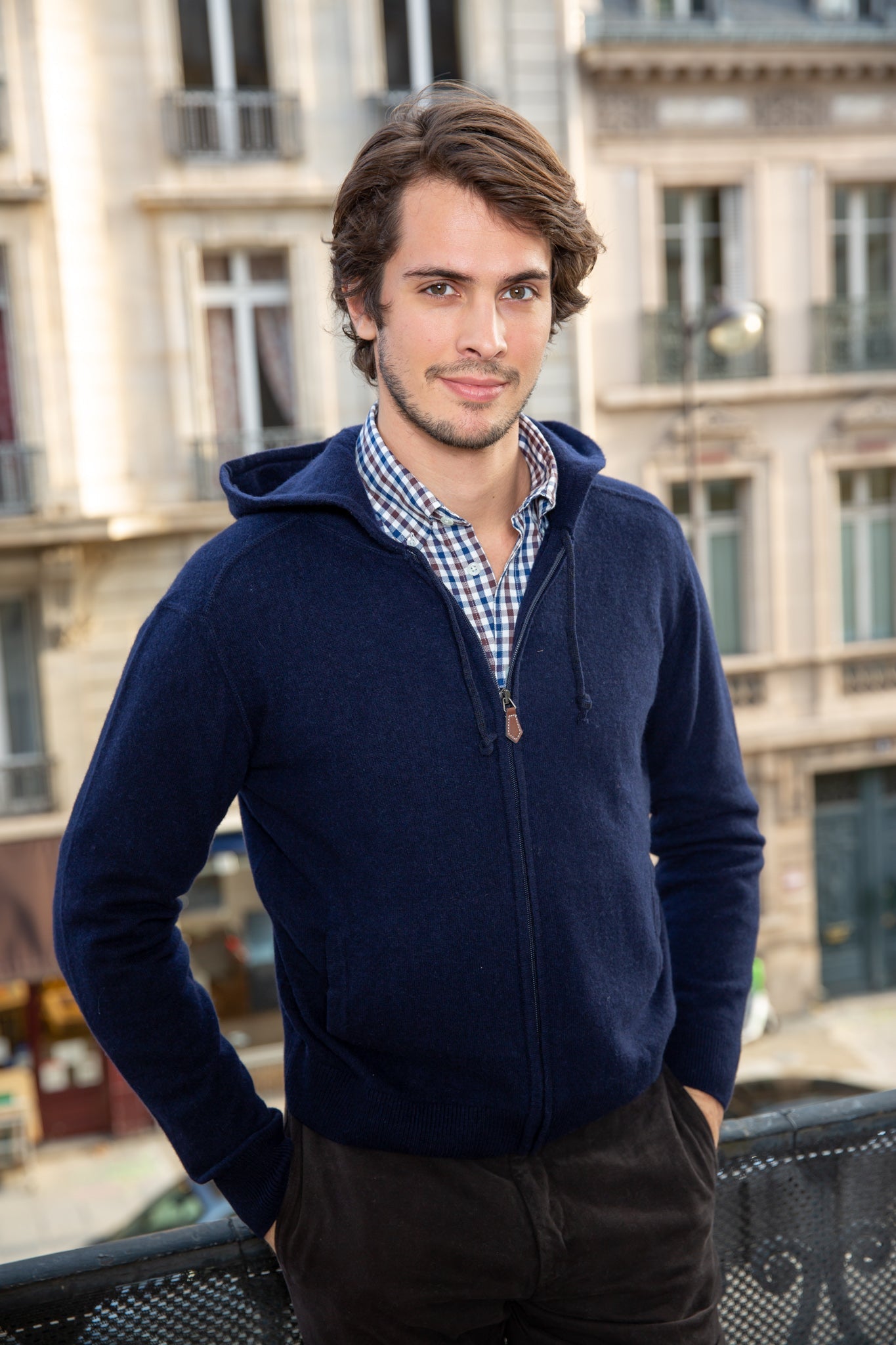 Gilet zippé à capuche en cachemire - Marine-PULL HOMME-Curling-Paris