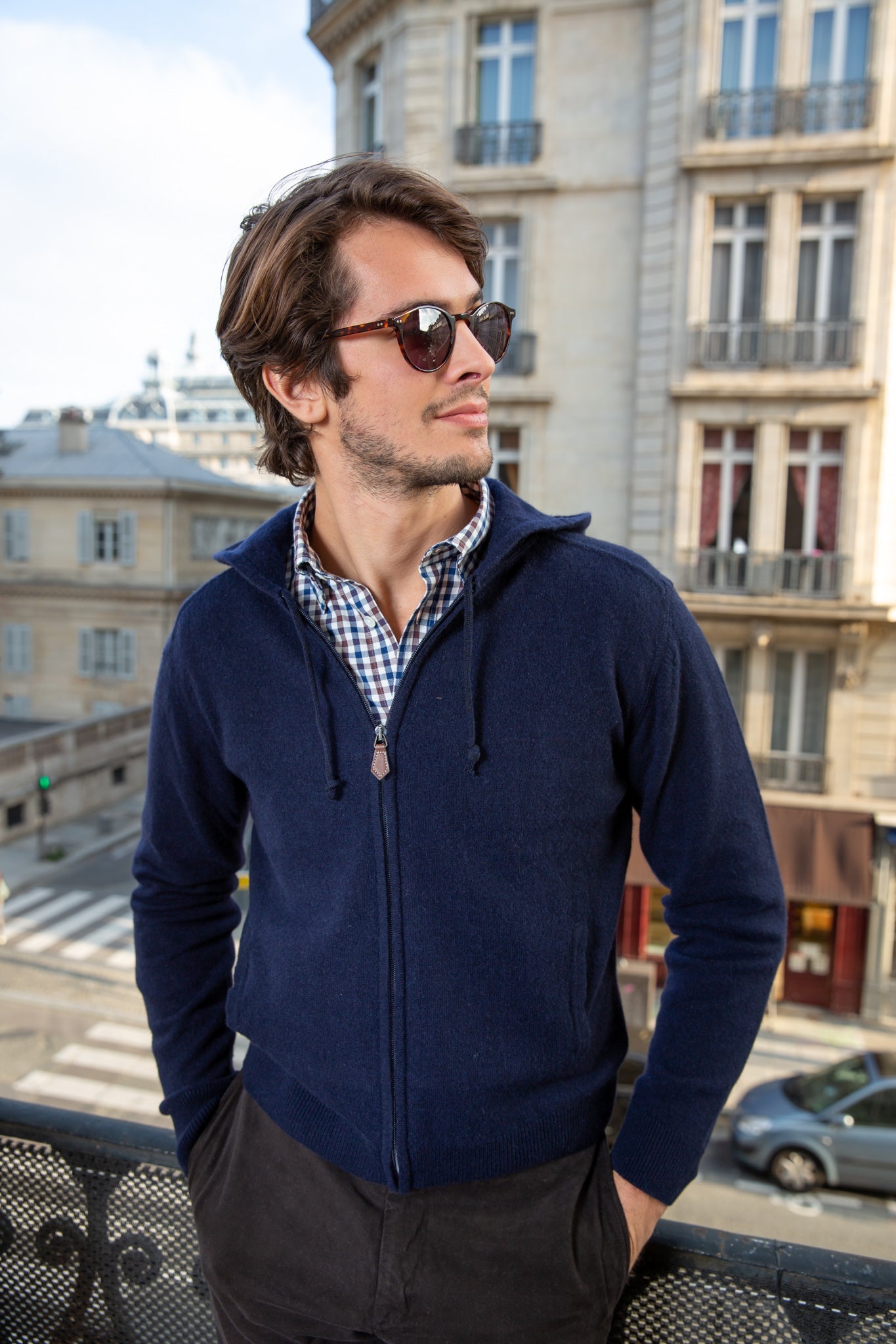 Gilet zippé à capuche en cachemire - Marine-PULL HOMME-Curling-Paris