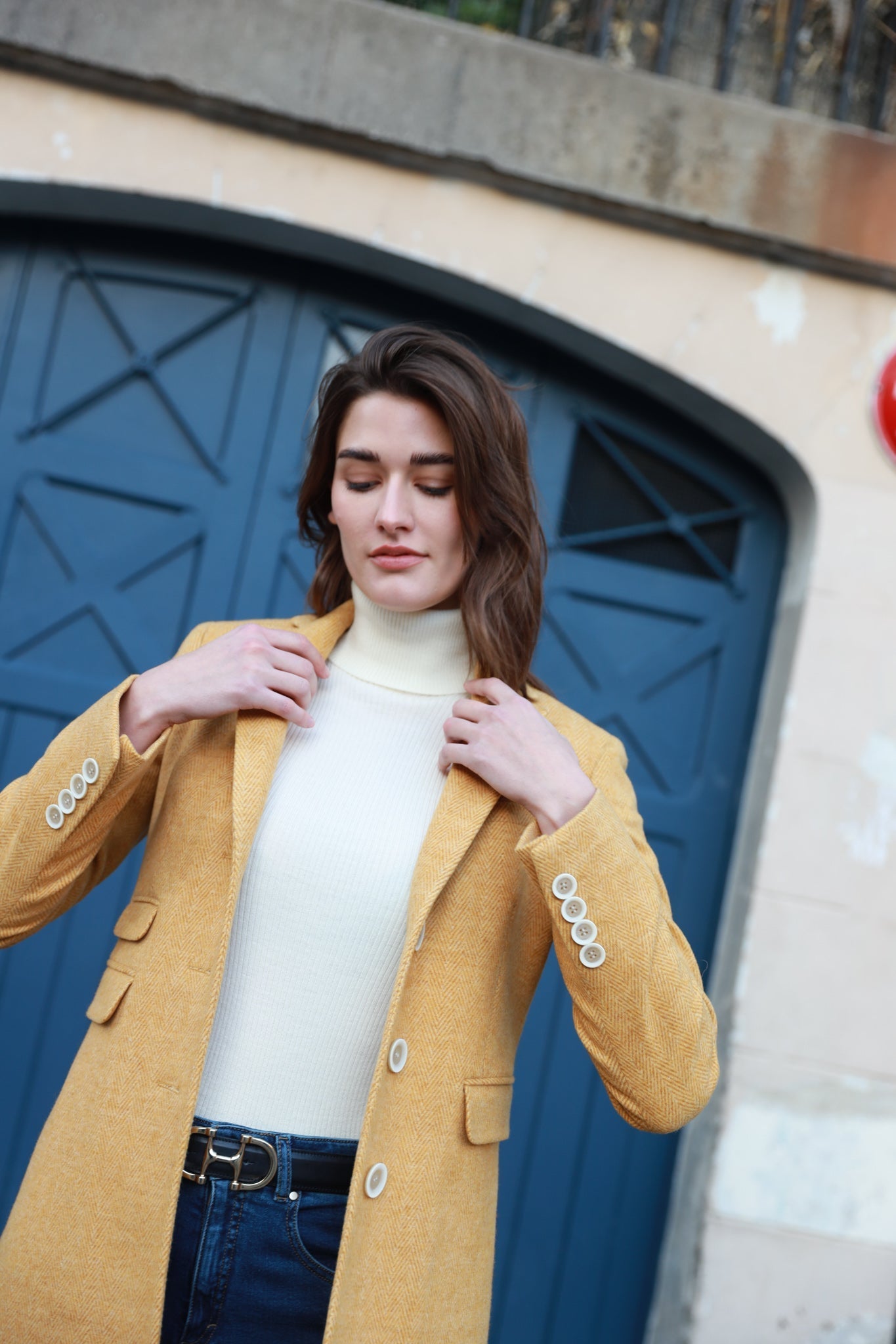 Manteau Jemma redingote en laine à chevron - Jaune-MANTEAU FEMME-Curling-Paris