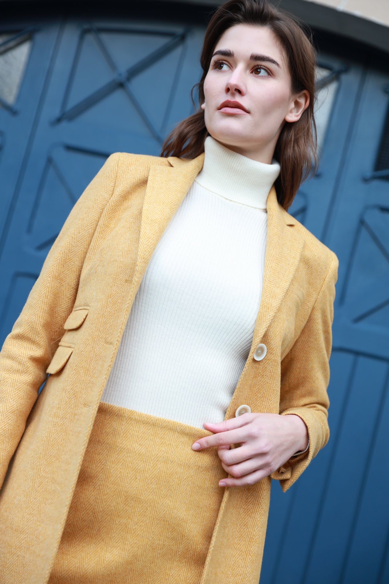 Manteau Jemma redingote en laine à chevron - Jaune-MANTEAU FEMME-Curling-Paris