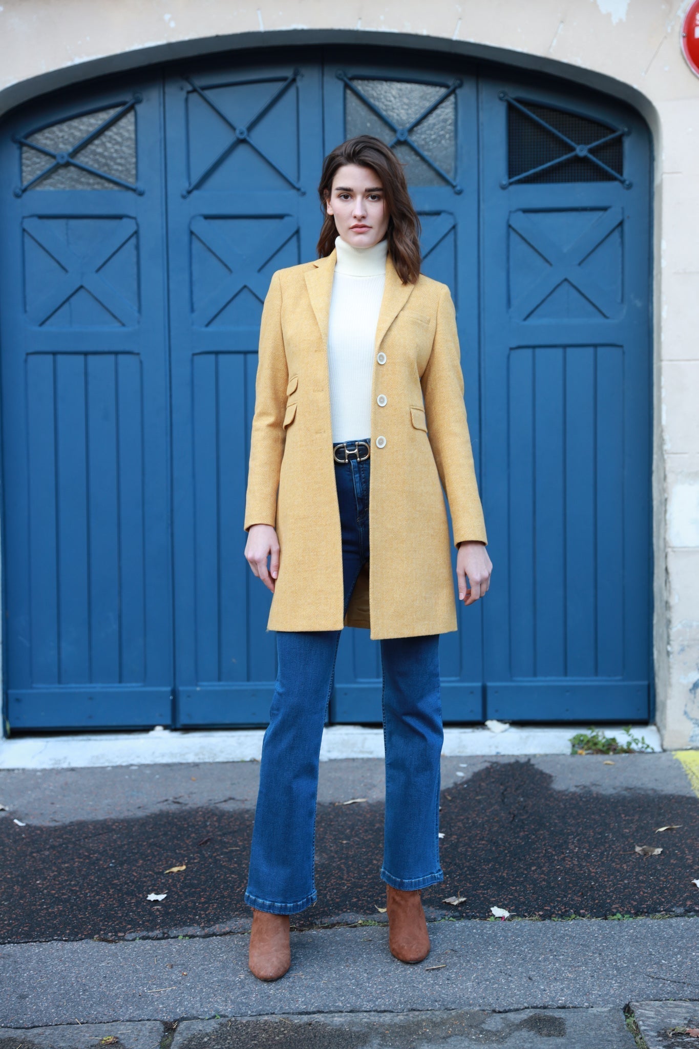 Manteau Jemma redingote en laine à chevron - Jaune-MANTEAU FEMME-Curling-Paris