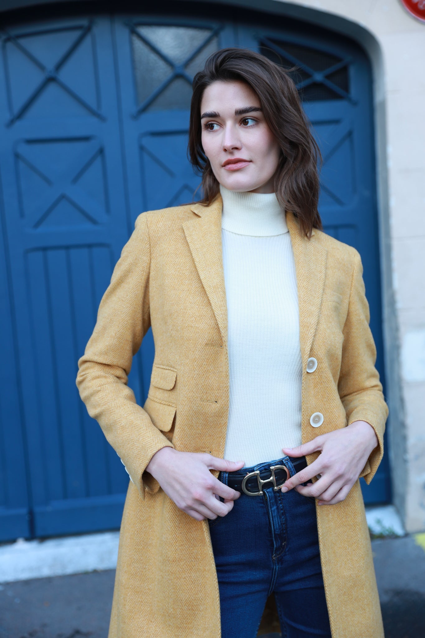 Manteau Jemma redingote en laine à chevron - Jaune-MANTEAU FEMME-Curling-Paris