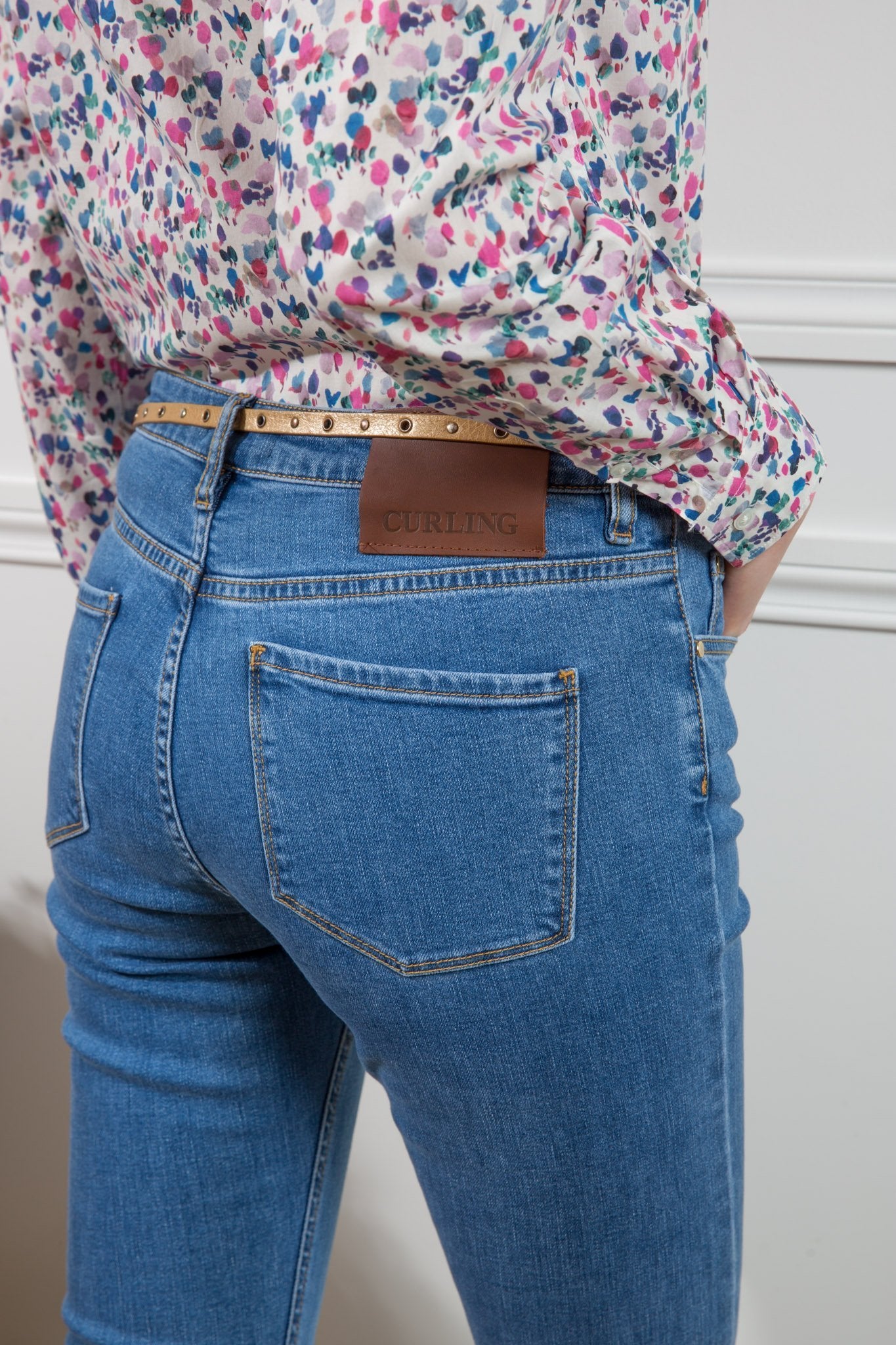 Pantalon Auguste bas évasé en jean bleu moyen-PANTALON FEMME-Curling-Paris