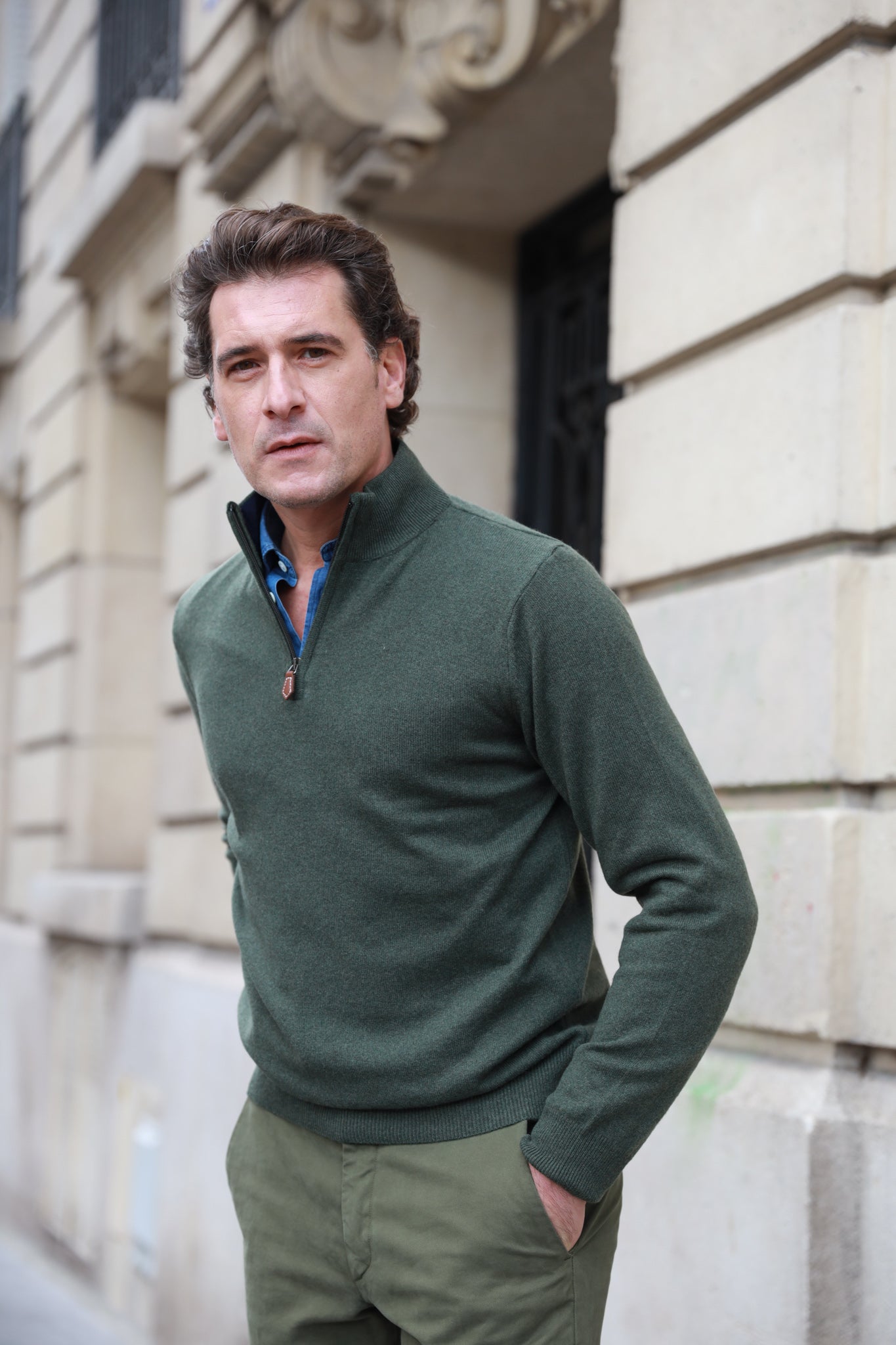 Pull Amar col zippé en cachemire - Kaki-PULL HOMME-Curling-Paris