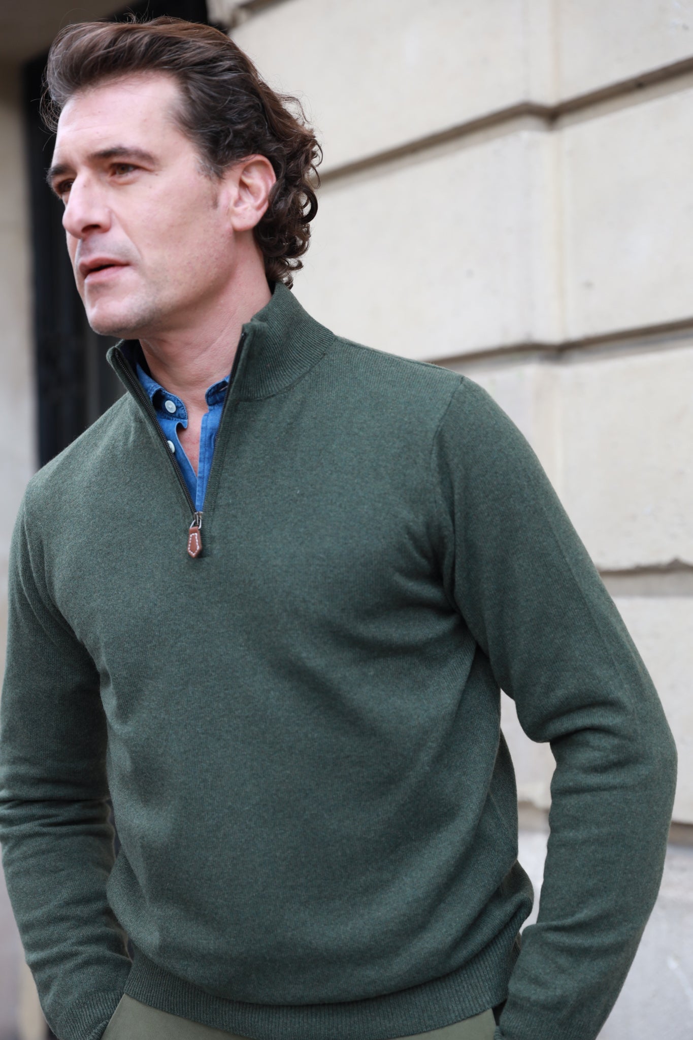 Pull Amar col zippé en cachemire - Kaki-PULL HOMME-Curling-Paris