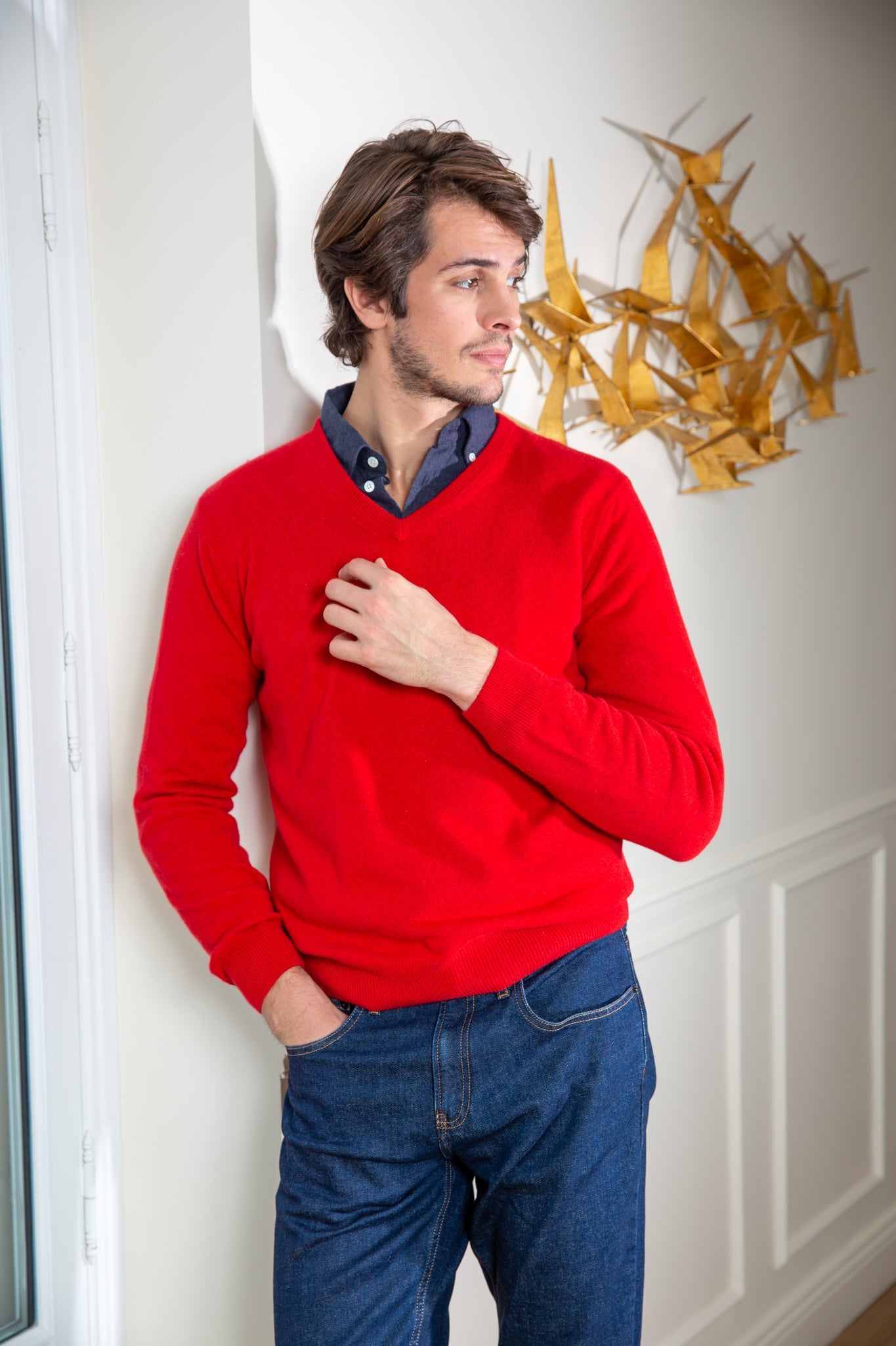 Pull Col v en cachemire - Rouge-PULL HOMME-Curling-Paris