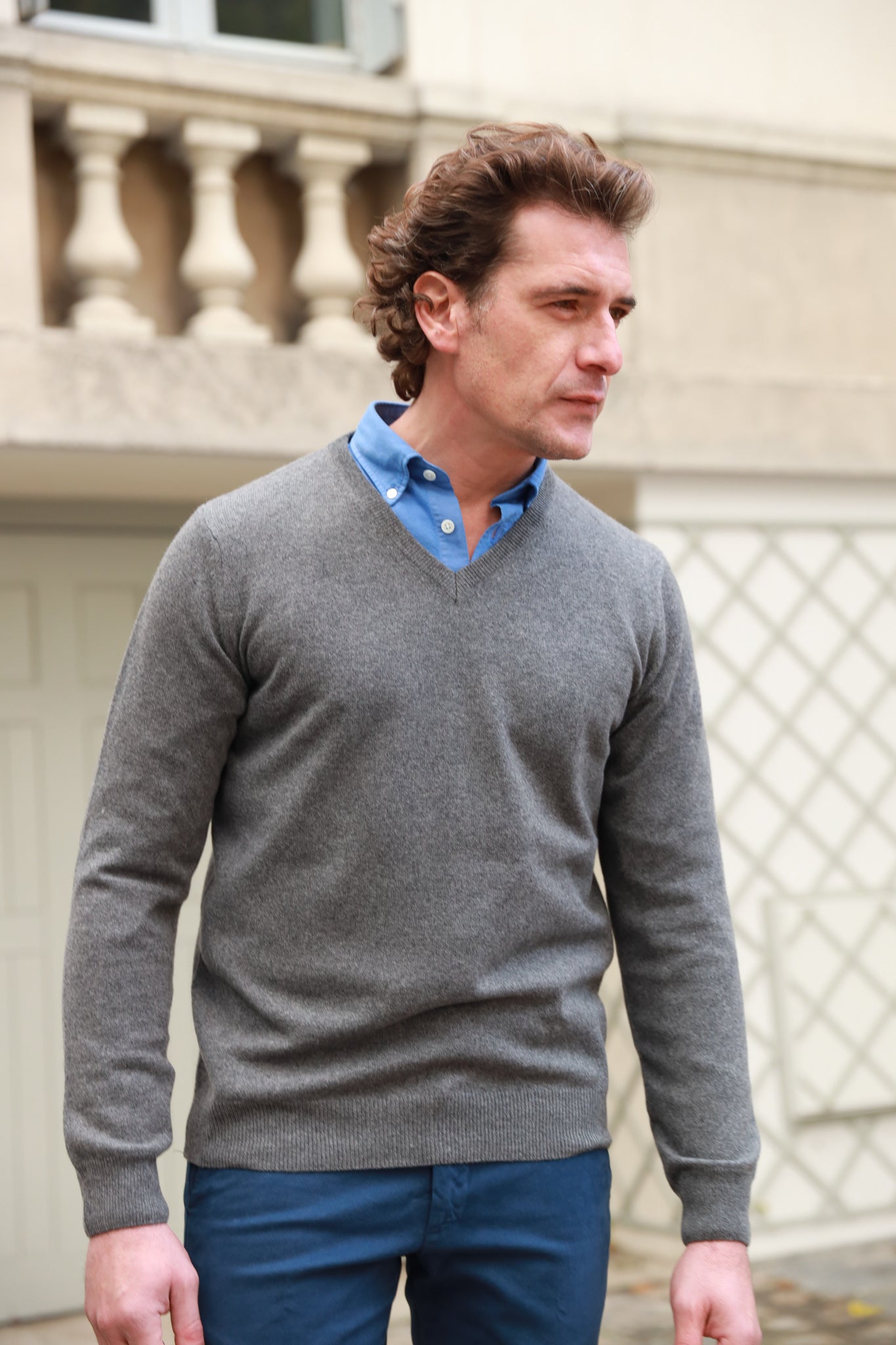 Pull Elijah col v en cachemire - Gris-PULL HOMME-Curling-Paris