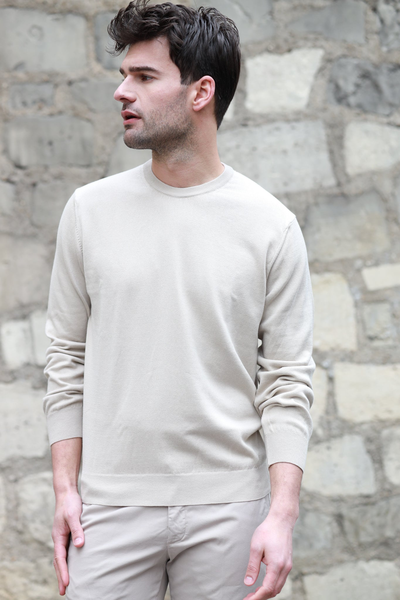 Pull Gégé col rond en coton avec coudières - Beige-PULL HOMME-Curling-Paris