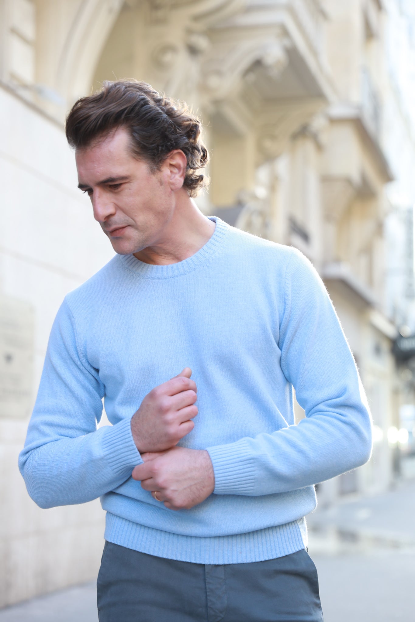 Pull Hugues col rond en laine & cachemire - Ciel-PULL HOMME-Curling-Paris