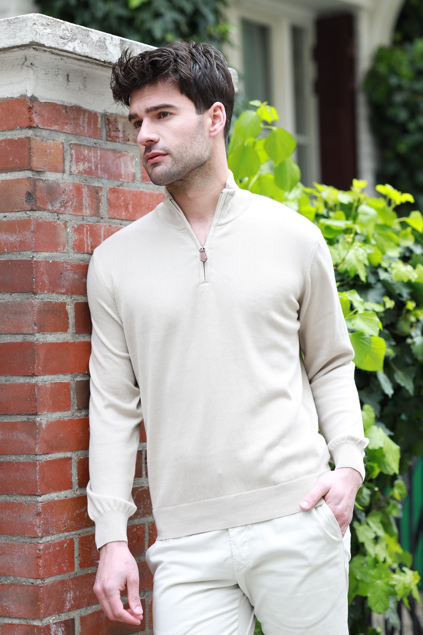 Pull John col zippé en coton avec coudières - Beige-PULL HOMME-Curling-Paris