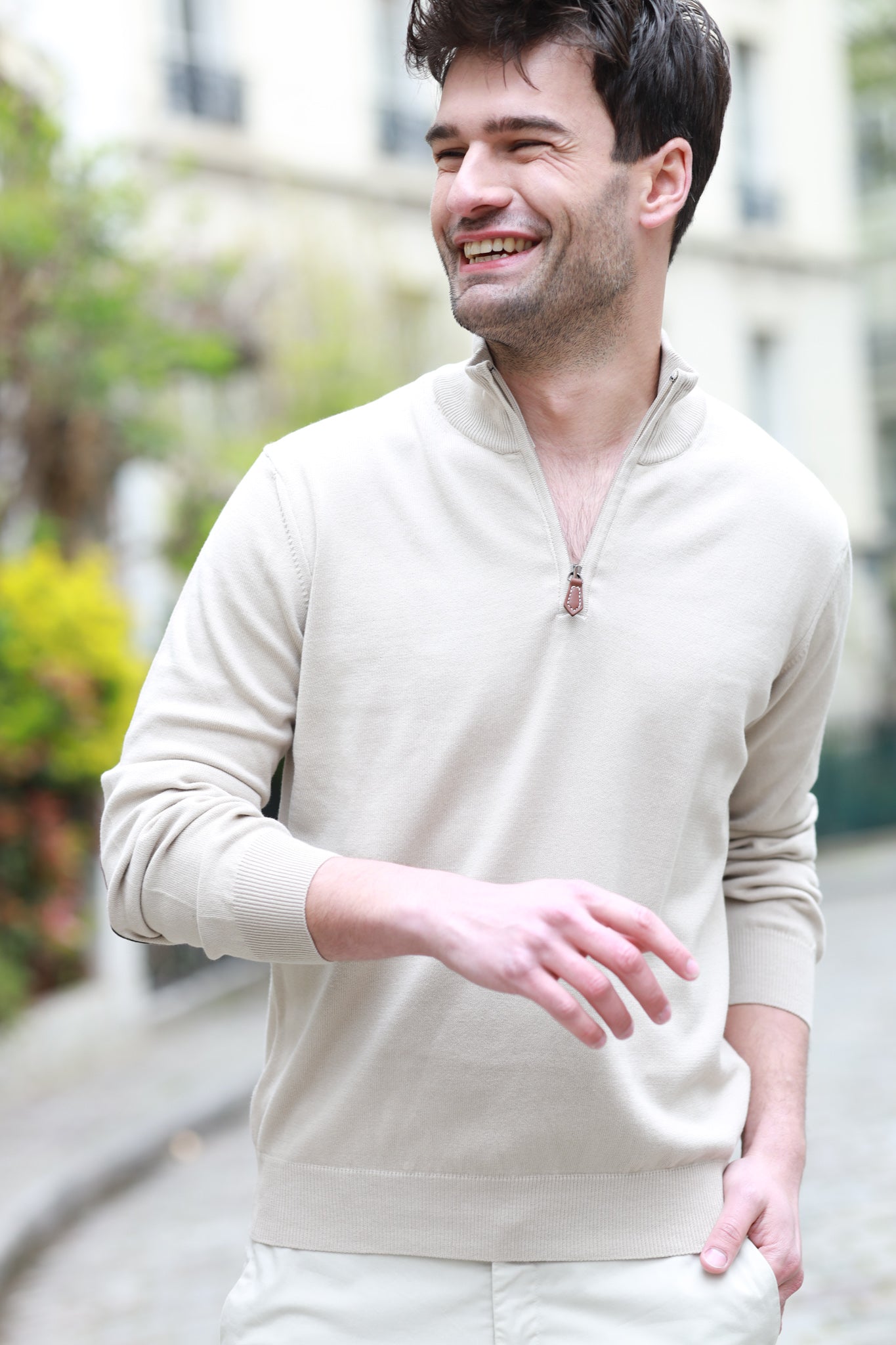 Pull John col zippé en coton avec coudières - Beige-PULL HOMME-Curling-Paris