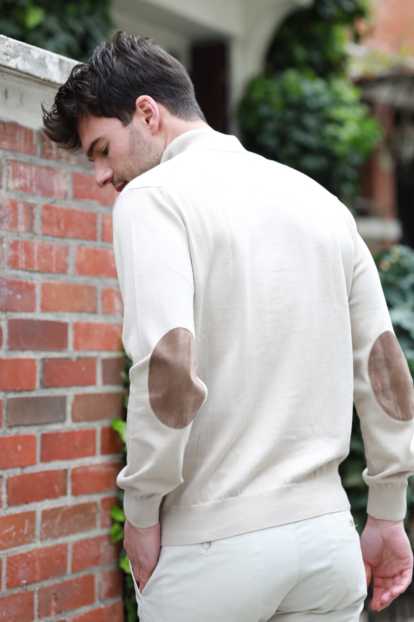 Pull John col zippé en coton avec coudières - Beige-PULL HOMME-Curling-Paris
