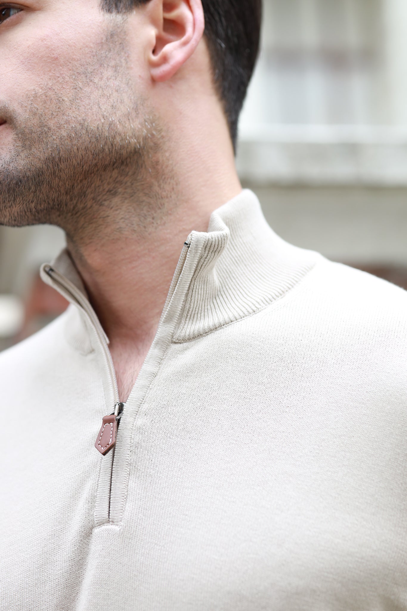 Pull John col zippé en coton avec coudières - Beige-PULL HOMME-Curling-Paris