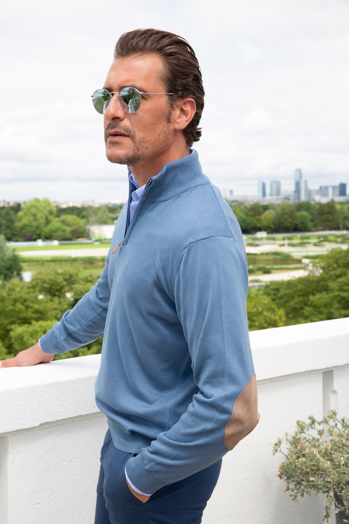Pull John col zippé en coton avec coudières - Bleu-PULL HOMME-Curling-Paris
